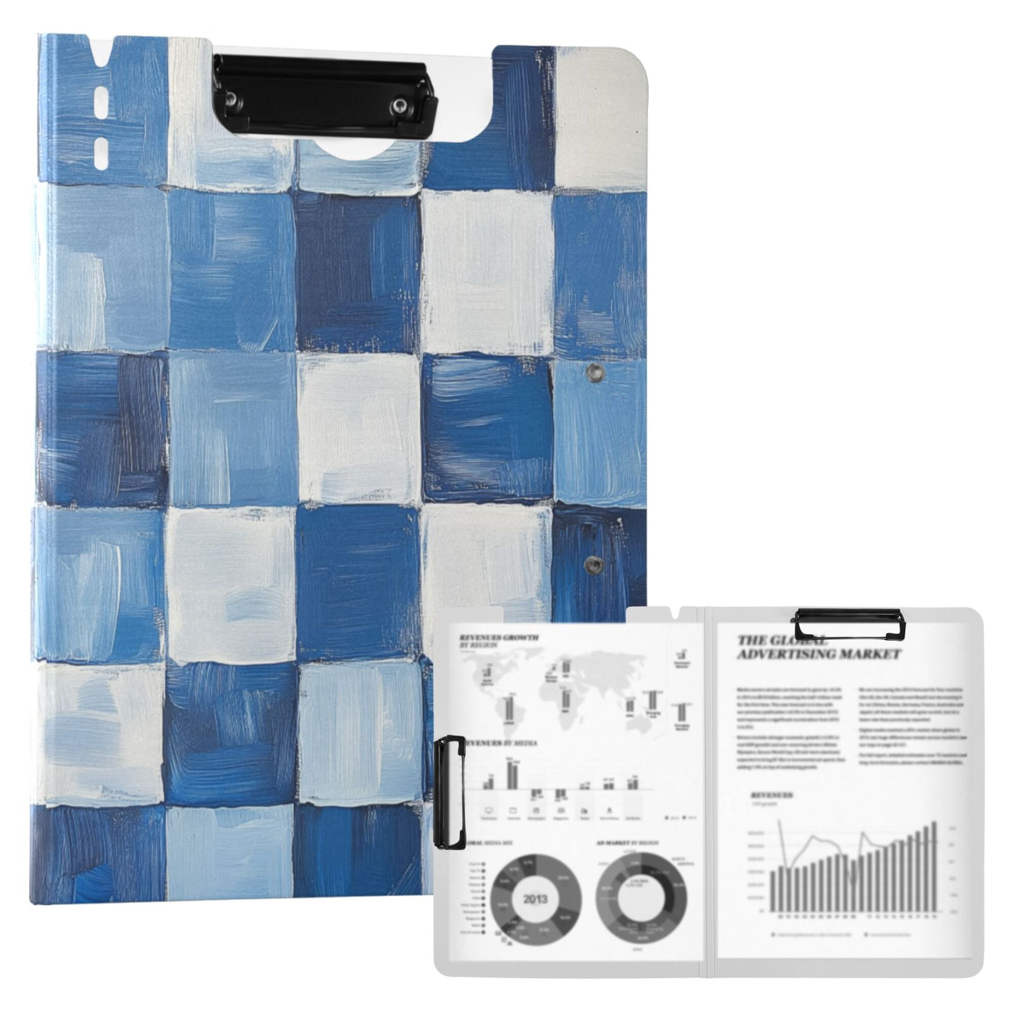 FORMRS A4 Clipboard Folder with Pen Holder Horizontal Foldable School Office Binder, Blue and Gray Plaid Pattern