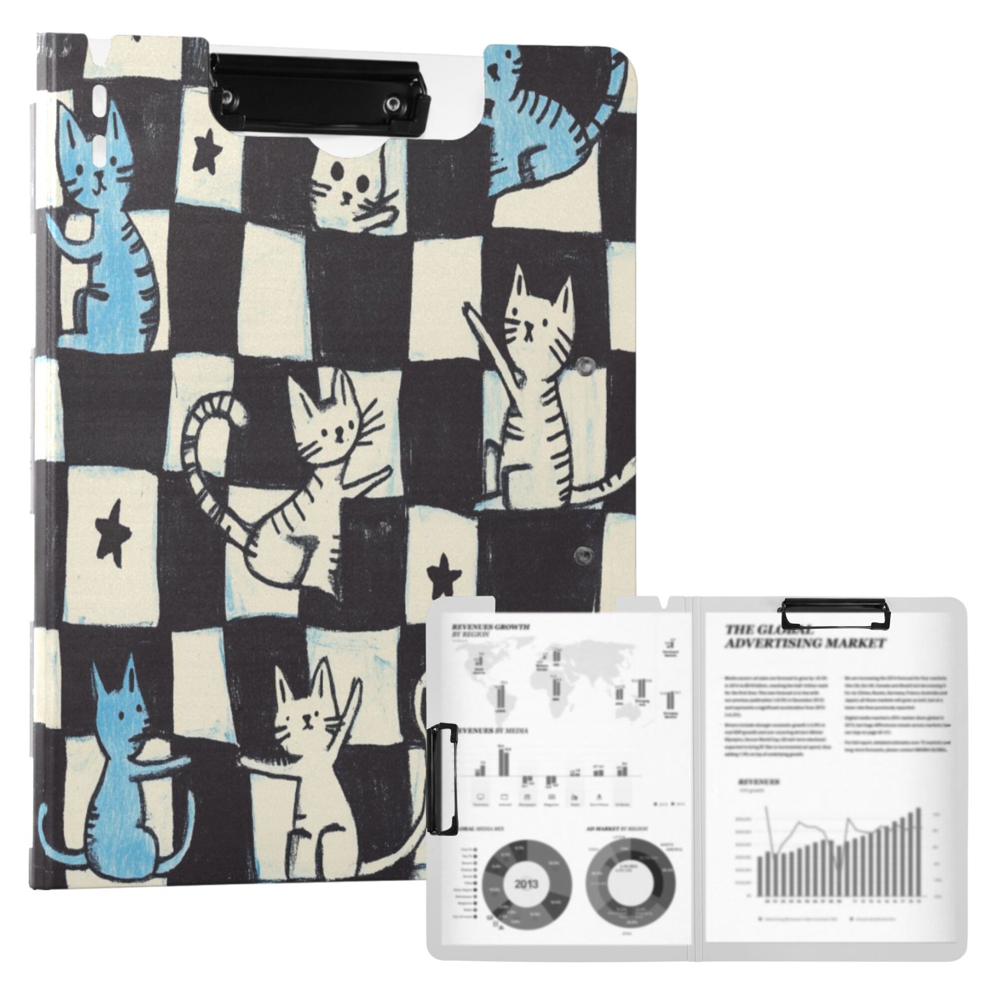 FORMRS A4 Clipboard Folder with Pen Holder Horizontal Foldable School Office Binder, Blue and White Cat