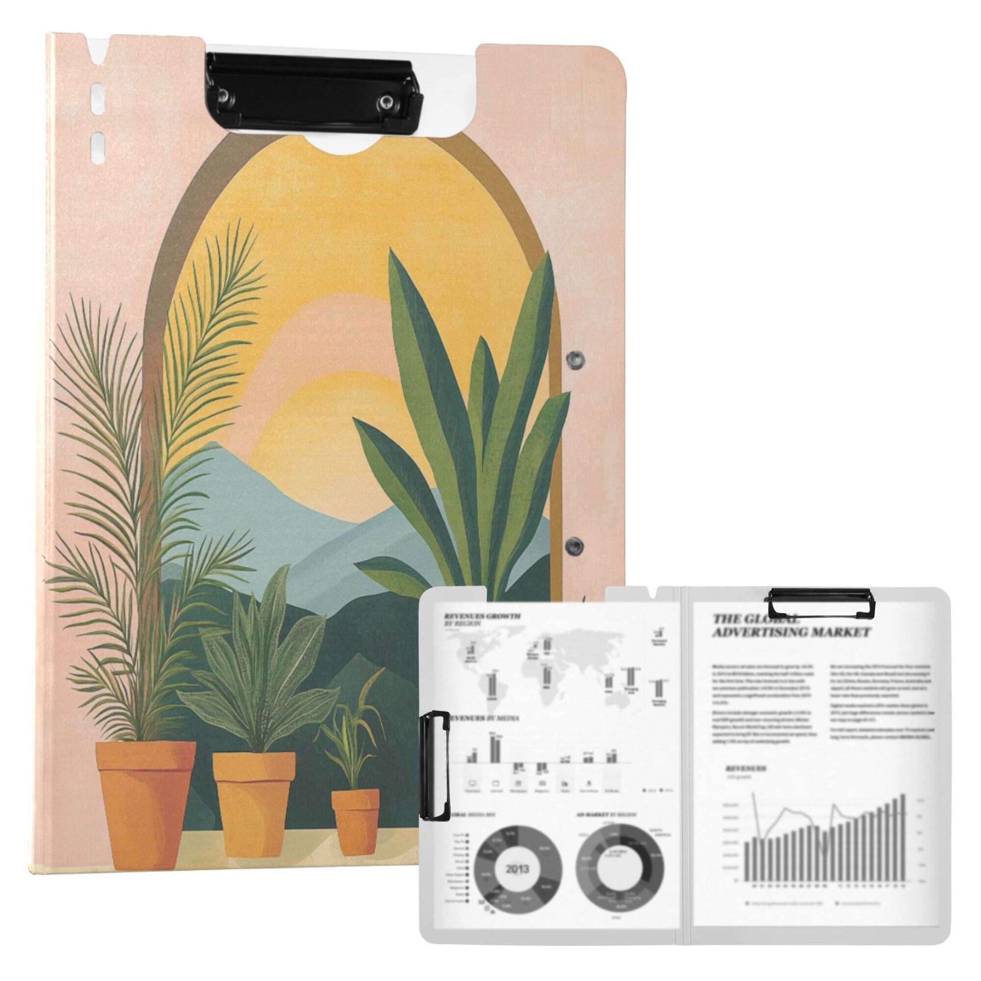 FORMRS A4 Clipboard Folder with Pen Holder Horizontal Foldable School Office Binder, Boho Plants
