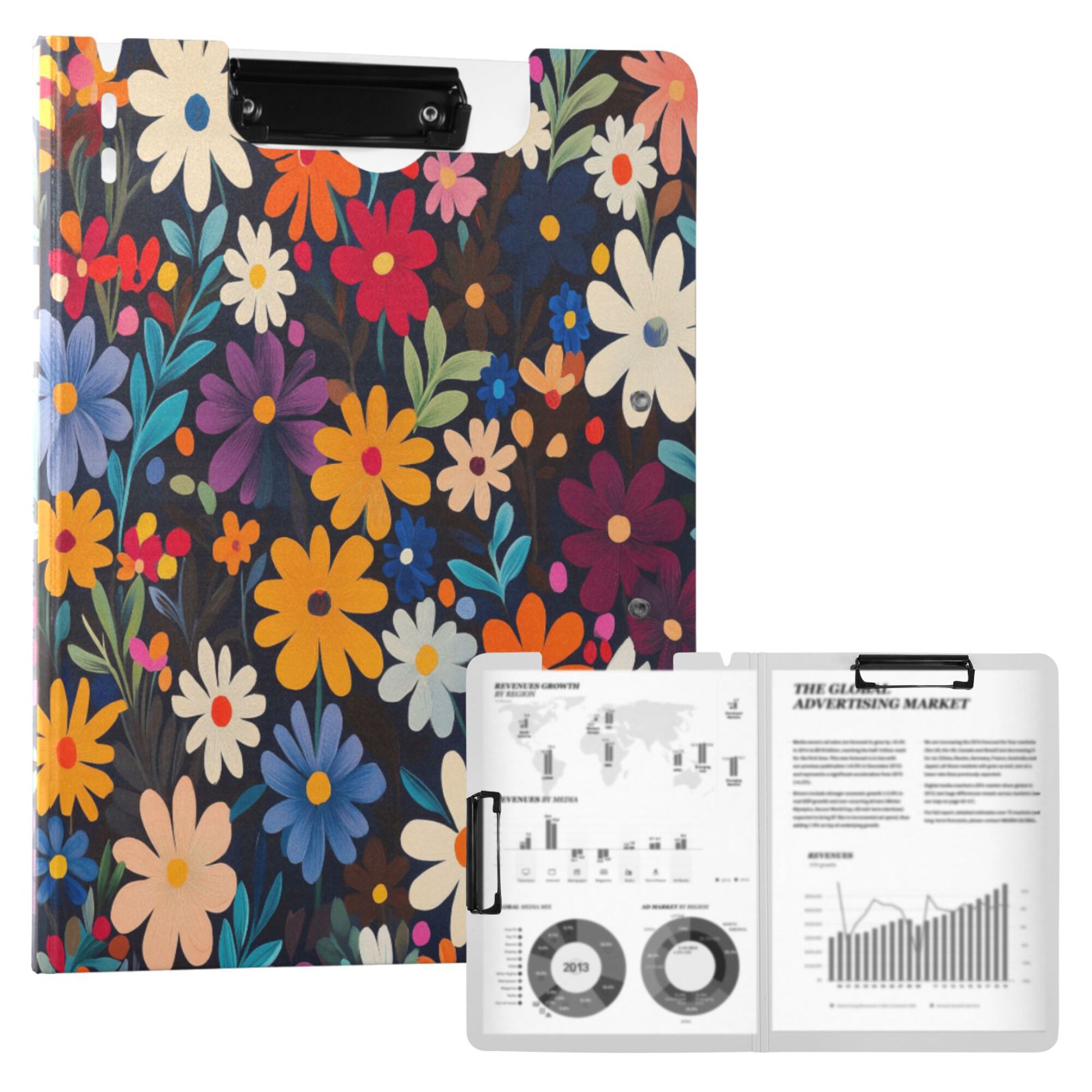 FORMRS A4 Clipboard Folder with Pen Holder Horizontal Foldable School Office Binder, Bright Colorful Flowers Pattern