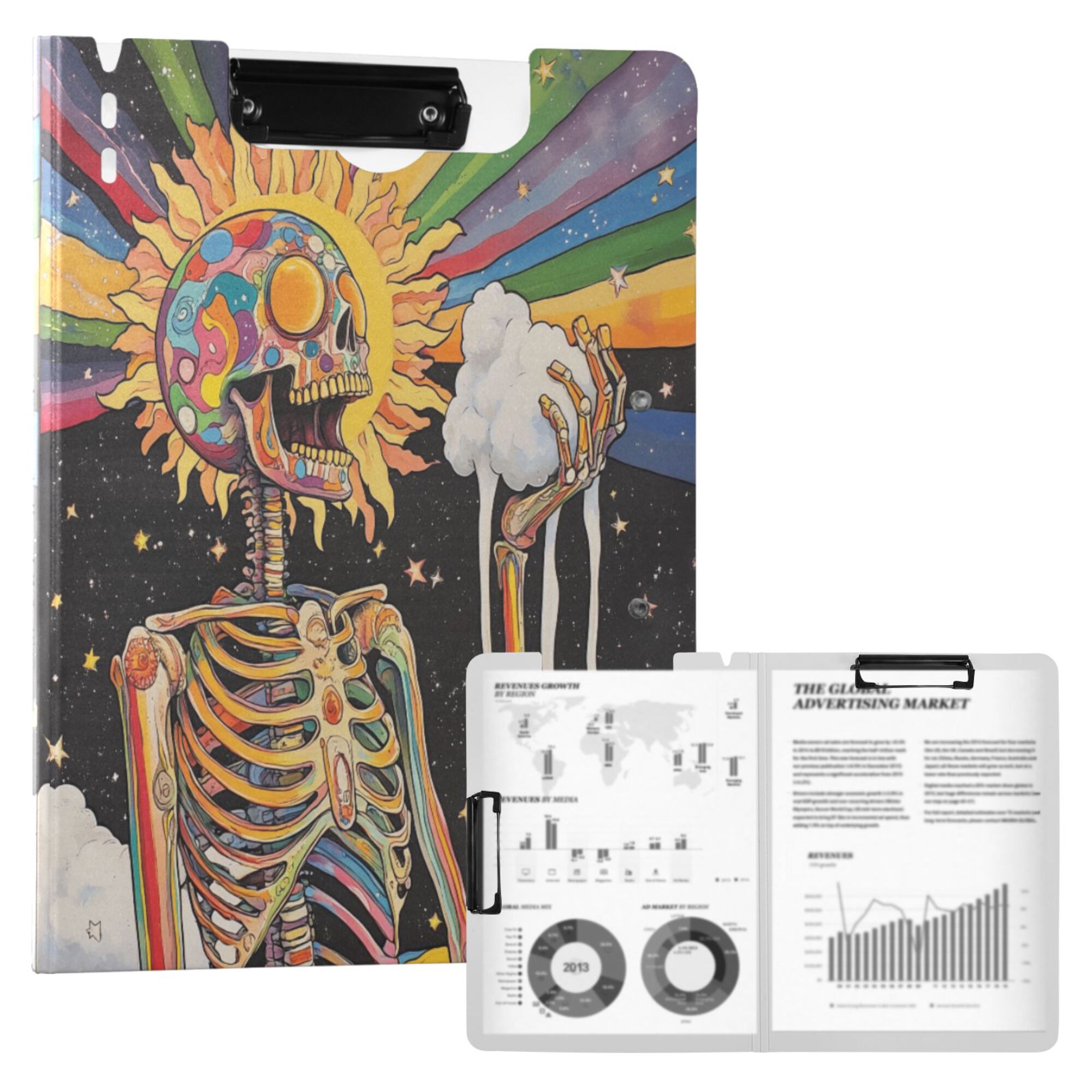 FORMRS A4 Clipboard Folder with Pen Holder Horizontal Foldable School Office Binder, Bright Skeleton
