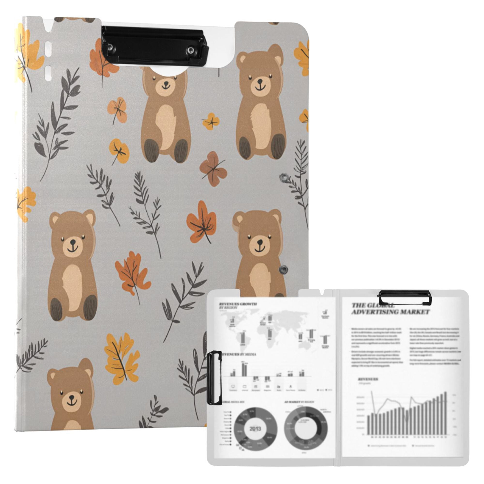 FORMRS A4 Clipboard Folder with Pen Holder Horizontal Foldable School Office Binder, Brown Cartoon Bears