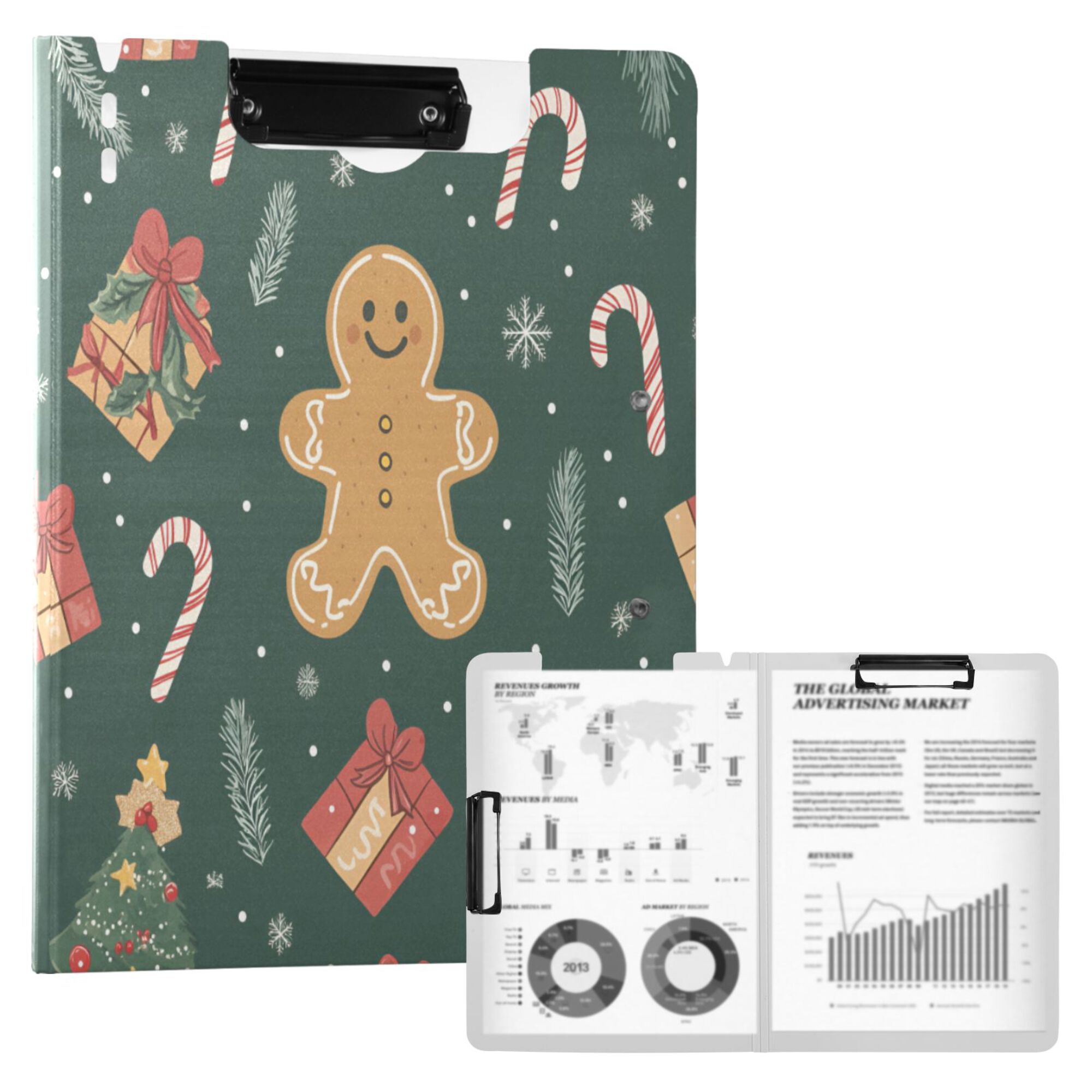 FORMRS A4 Clipboard Folder with Pen Holder Horizontal Foldable School Office Binder, Brown Christmas Gingerbread