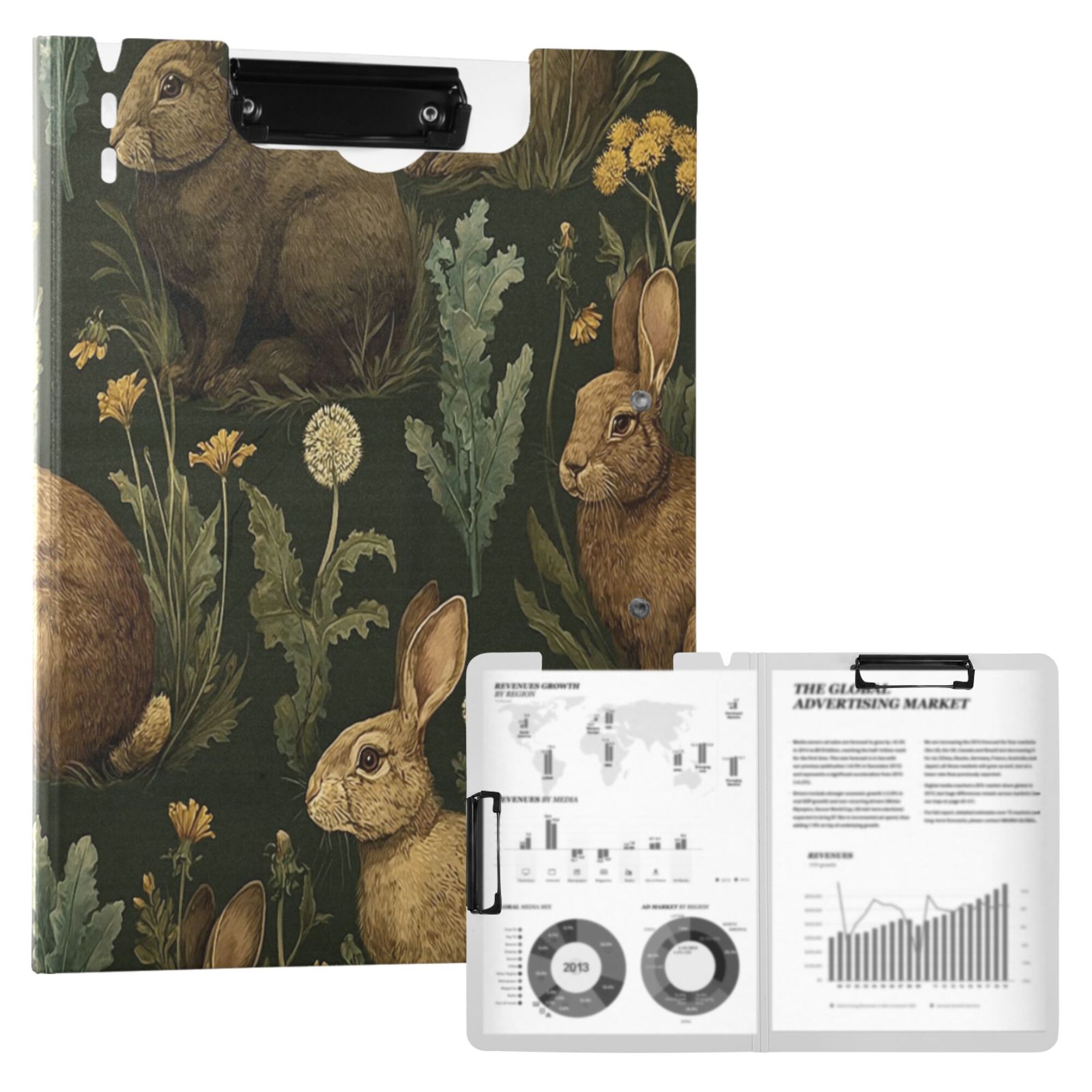 FORMRS A4 Clipboard Folder with Pen Holder Horizontal Foldable School Office Binder, Brown Floral Rabbits Pattern