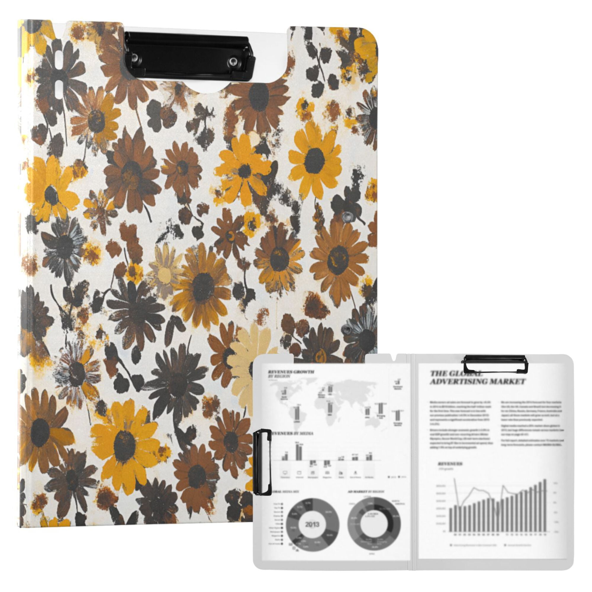 FORMRS A4 Clipboard Folder with Pen Holder Horizontal Foldable School Office Binder, Brown Flowers