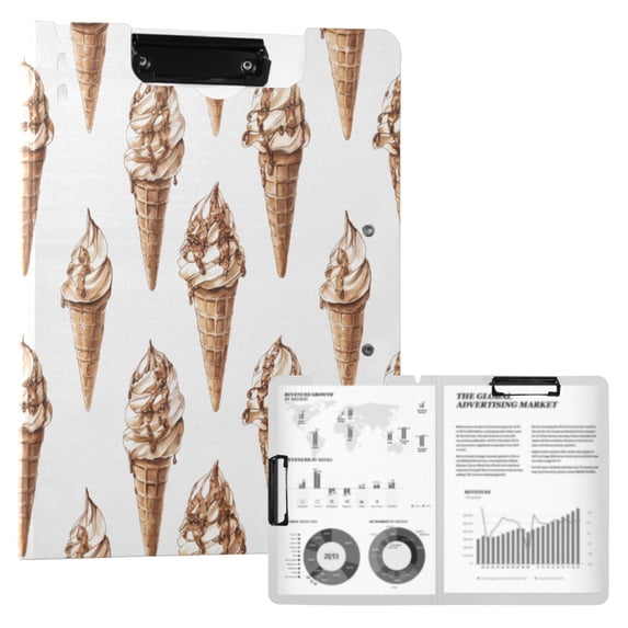 FORMRS A4 Clipboard Folder with Pen Holder Horizontal Foldable School Office Binder, Brown Ice Cream Pattern
