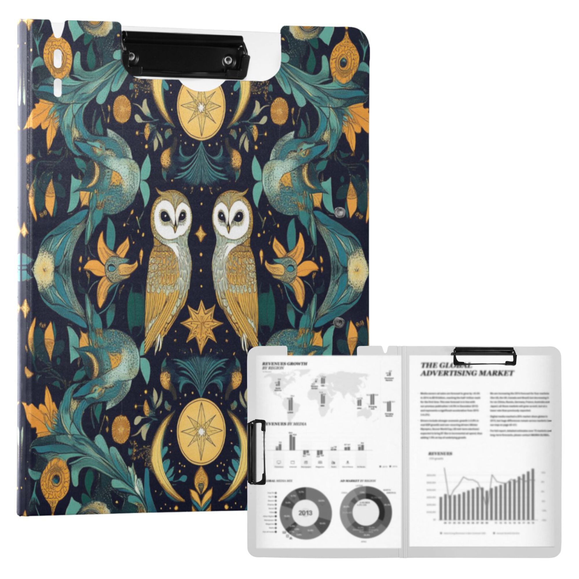 FORMRS A4 Clipboard Folder with Pen Holder Horizontal Foldable School Office Binder, Brown Mystical Owls