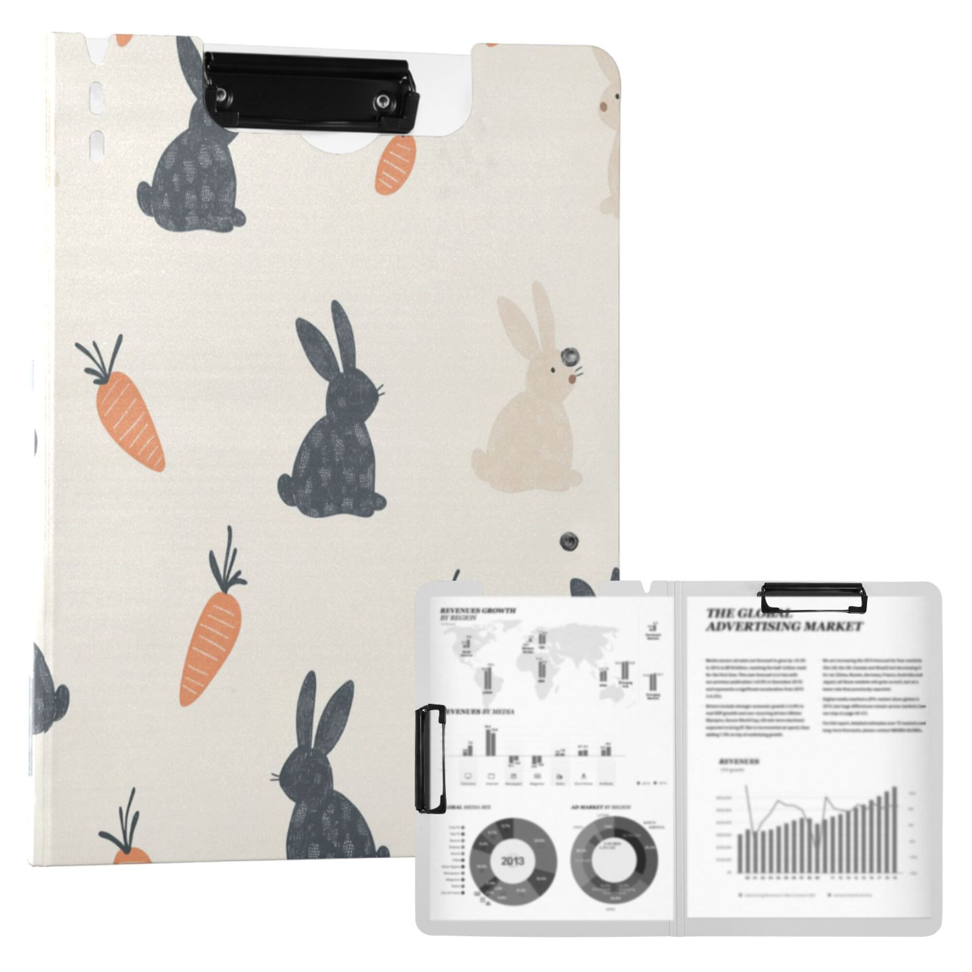 FORMRS A4 Clipboard Folder with Pen Holder Horizontal Foldable School Office Binder, Bunnies and Carrots