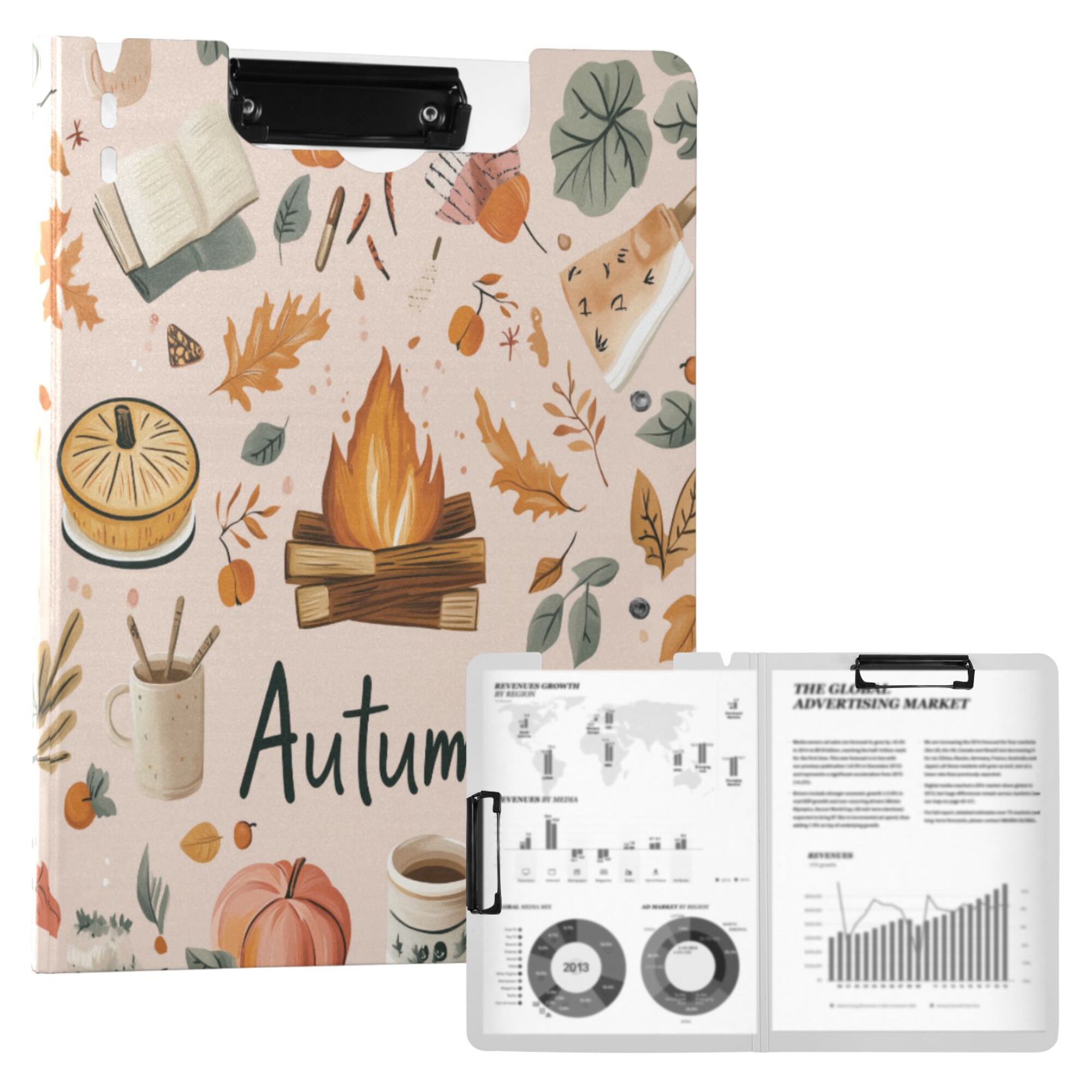 FORMRS A4 Clipboard Folder with Pen Holder Horizontal Foldable School Office Binder, Campfire Pattern