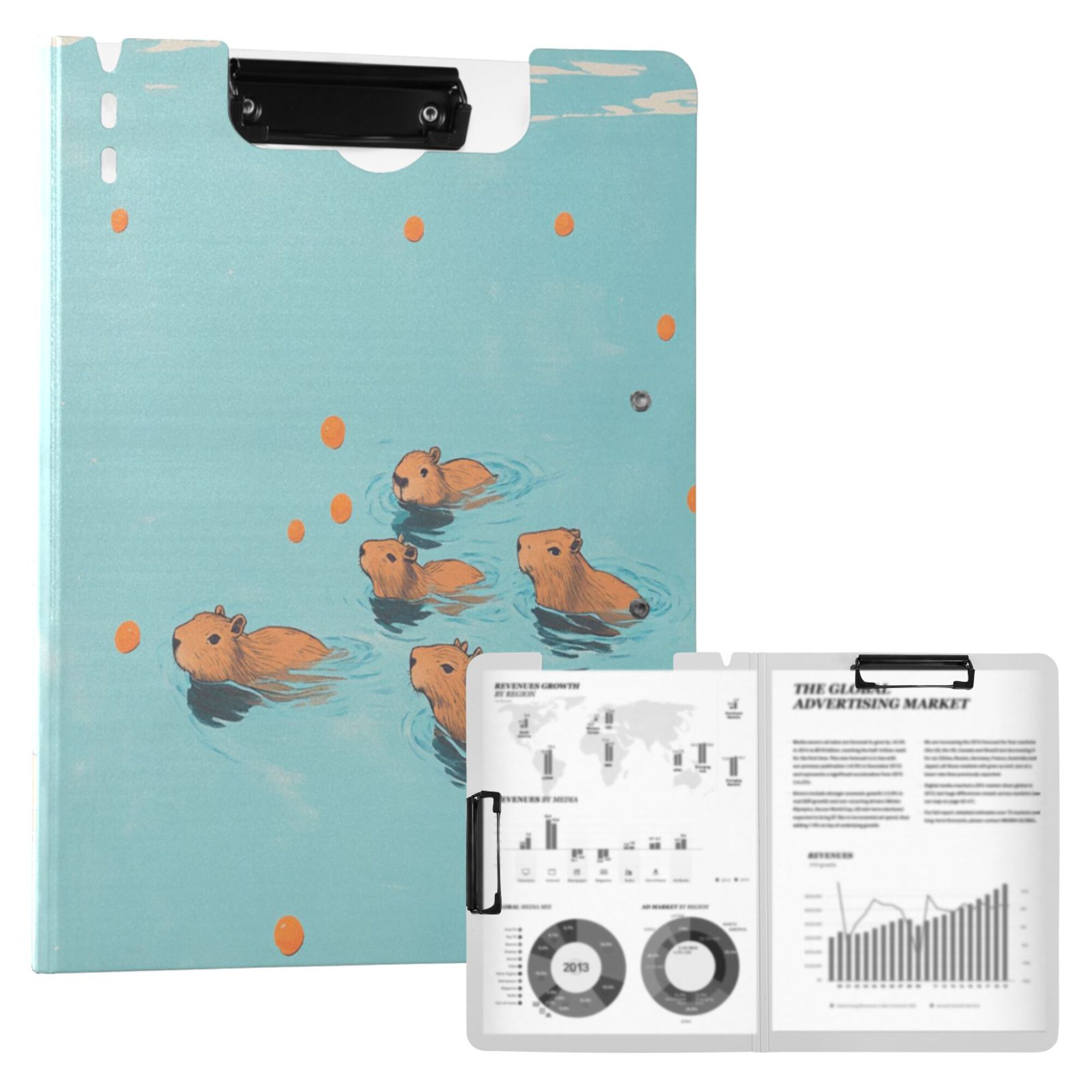 FORMRS A4 Clipboard Folder with Pen Holder Horizontal Foldable School Office Binder, Capybara Splash