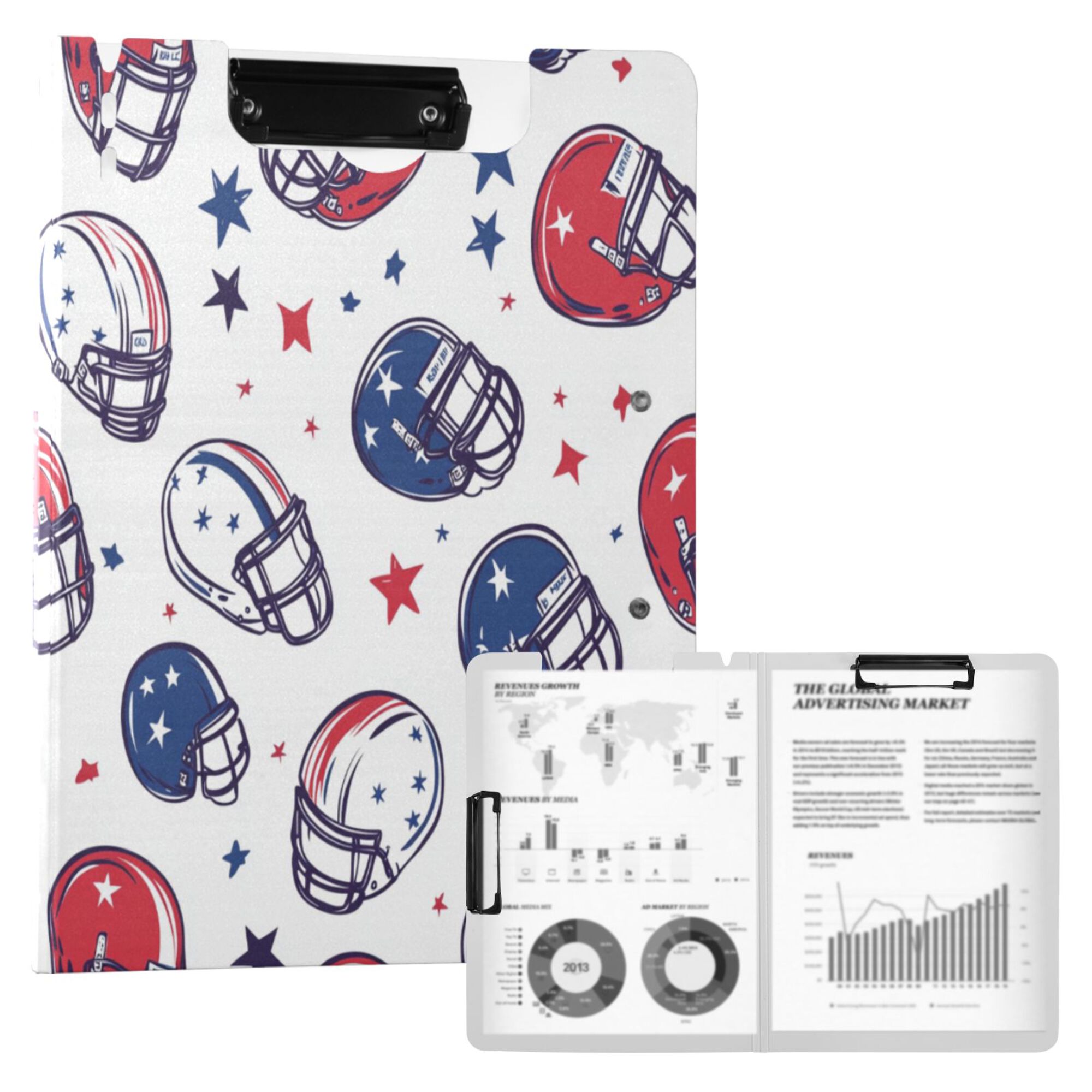 FORMRS A4 Clipboard Folder with Pen Holder Horizontal Foldable School Office Binder, Cartoon American Football Helmets