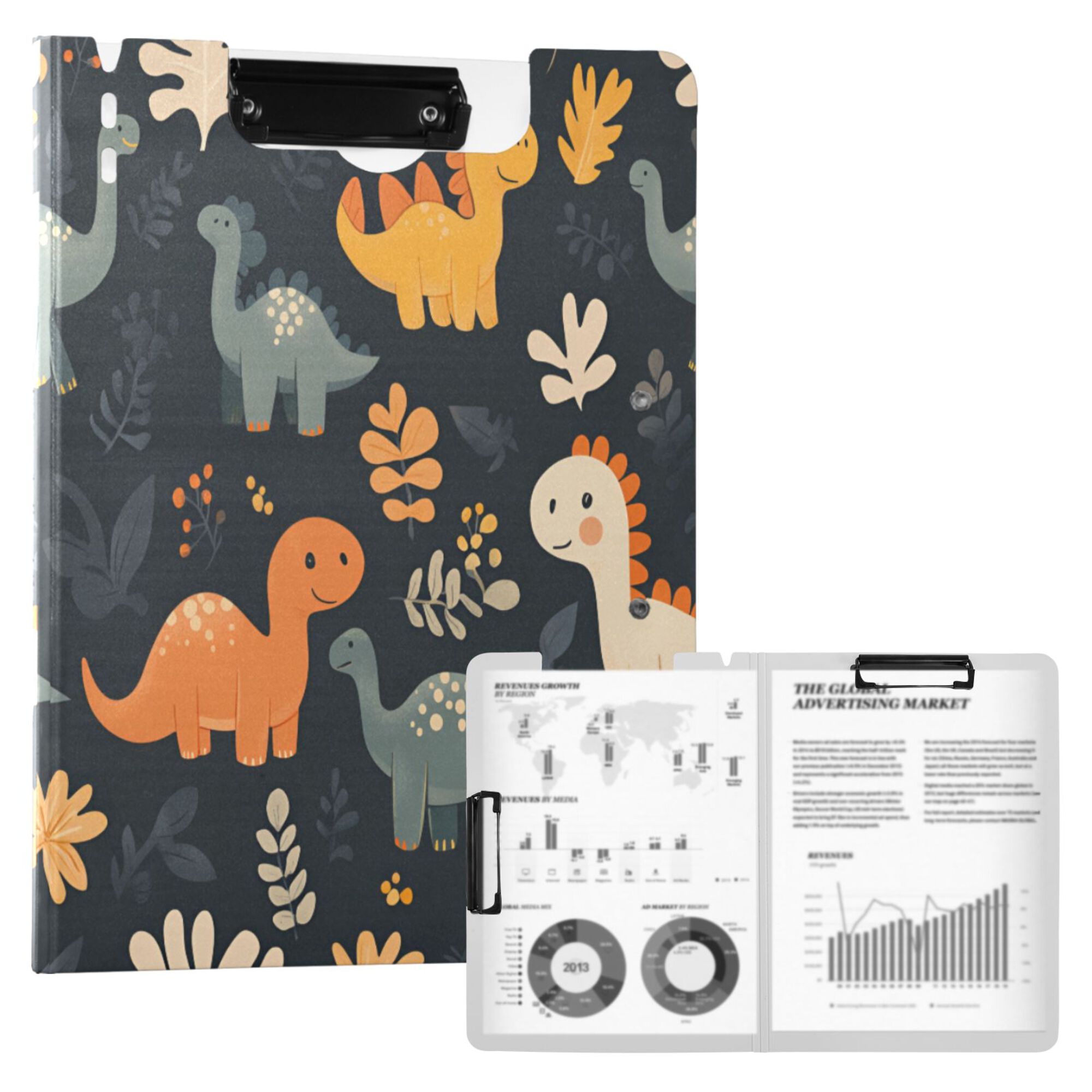 FORMRS A4 Clipboard Folder with Pen Holder Horizontal Foldable School Office Binder, Cartoon Dinosaur