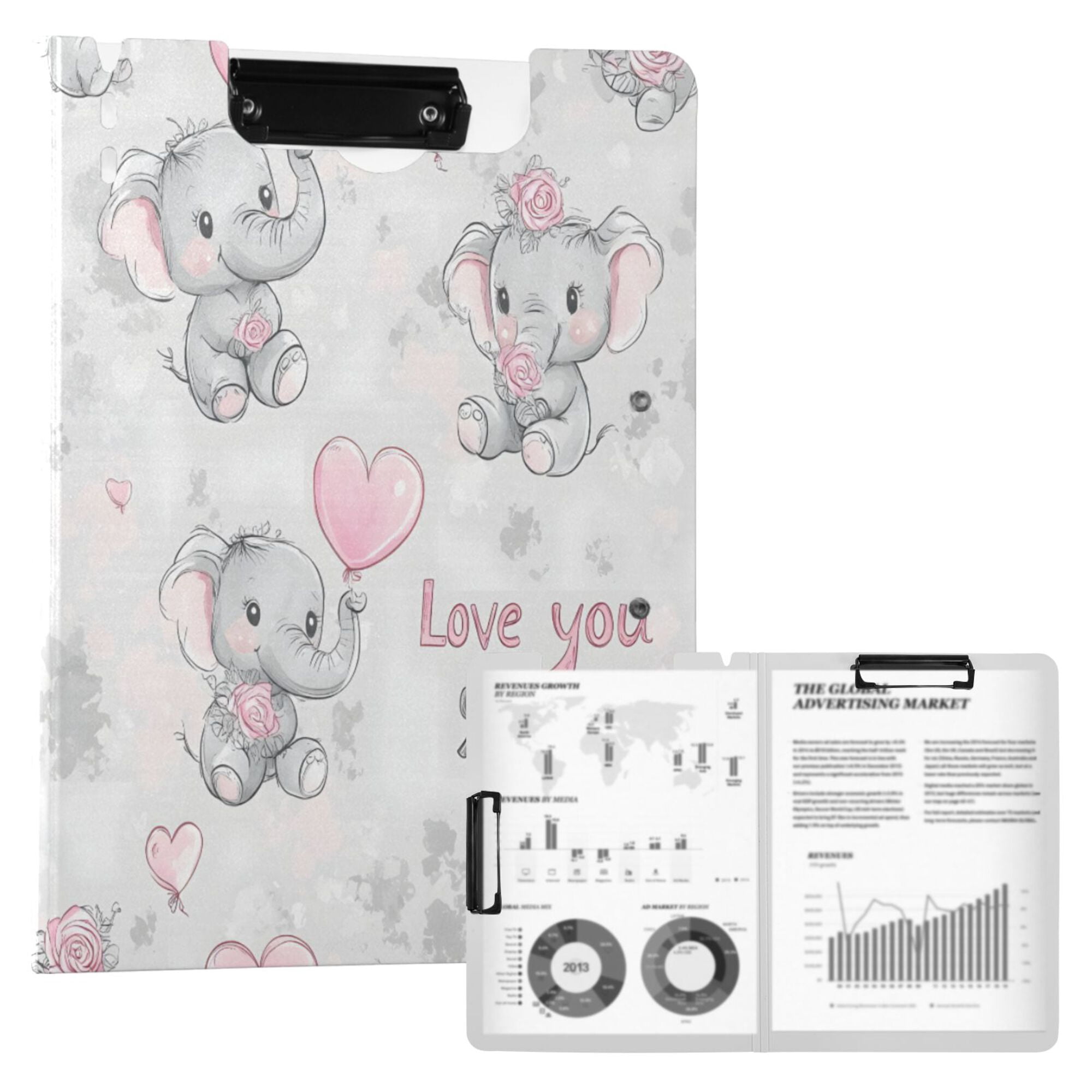 FORMRS A4 Clipboard Folder with Pen Holder Horizontal Foldable School Office Binder, Cartoon Elephant