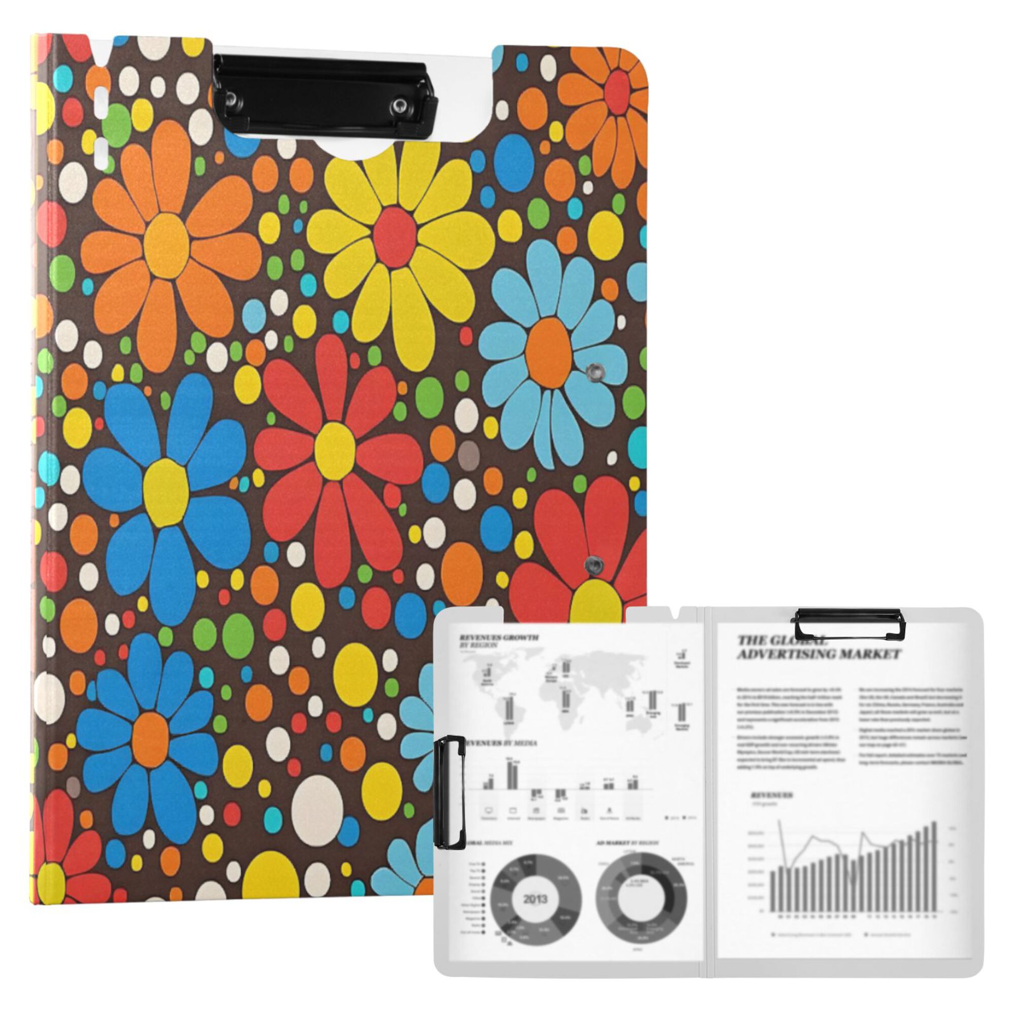 FORMRS A4 Clipboard Folder with Pen Holder Horizontal Foldable School Office Binder, Cartoon Flowers