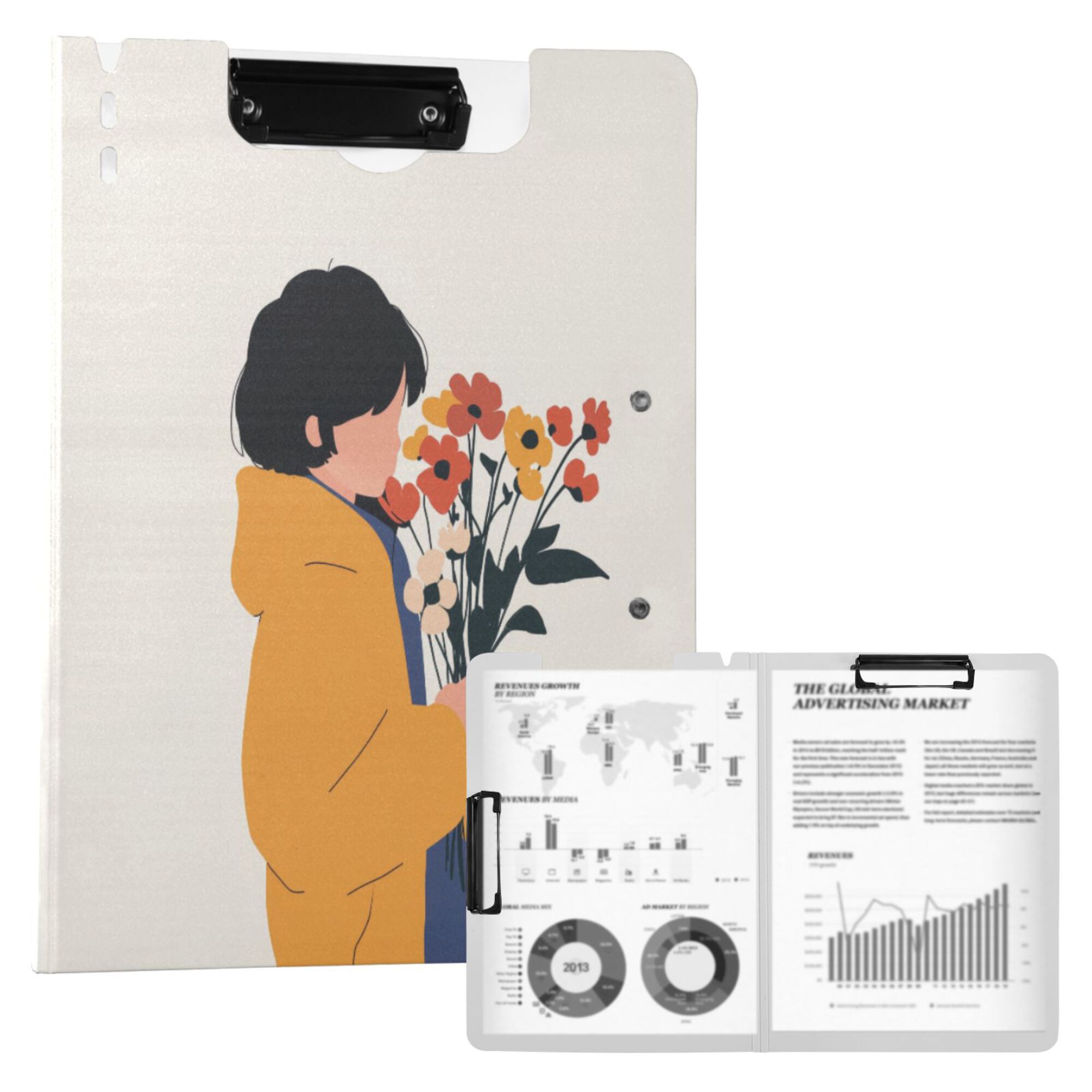 FORMRS A4 Clipboard Folder with Pen Holder Horizontal Foldable School Office Binder, Cartoon Flowers