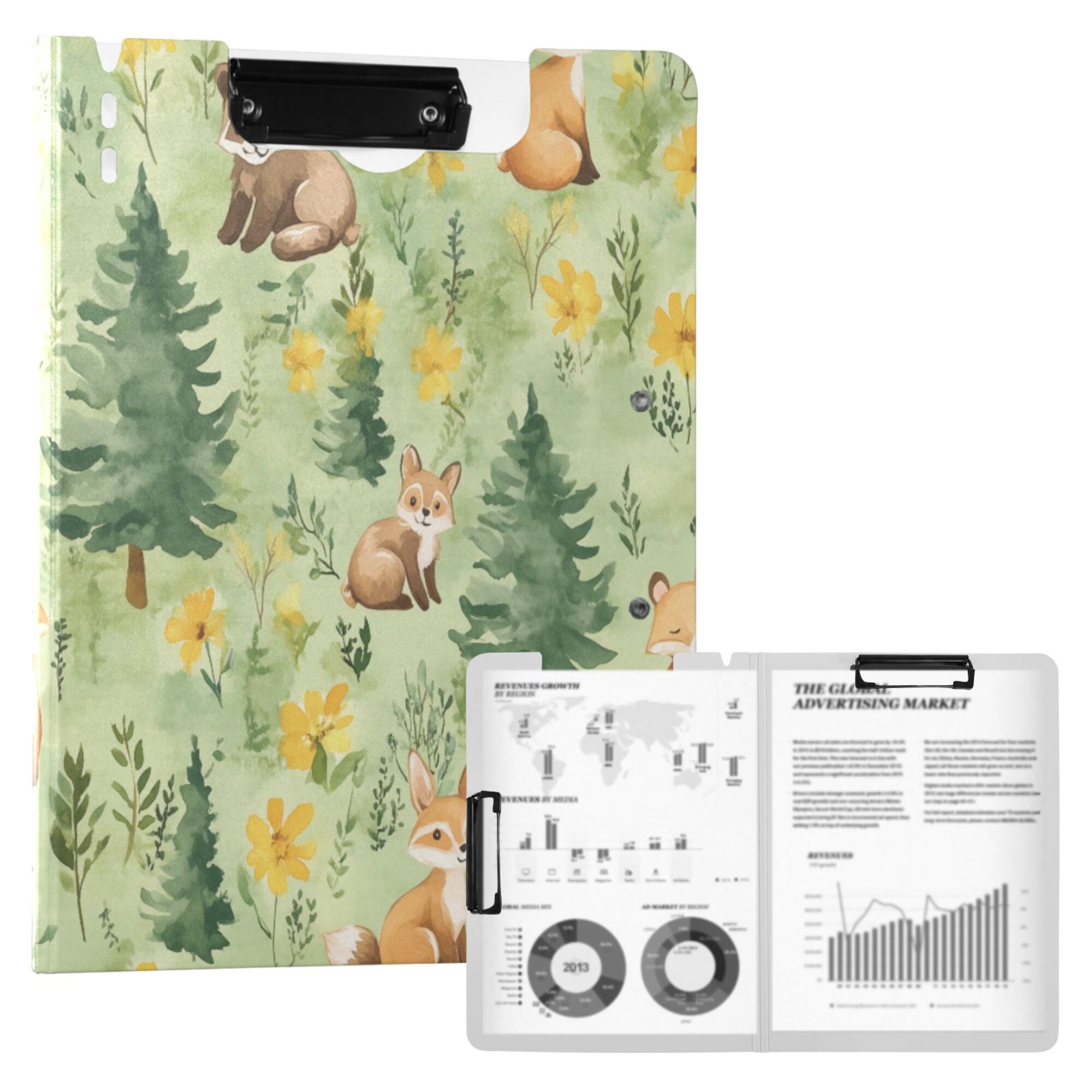 FORMRS A4 Clipboard Folder with Pen Holder Horizontal Foldable School Office Binder, Cartoon Forest Animals