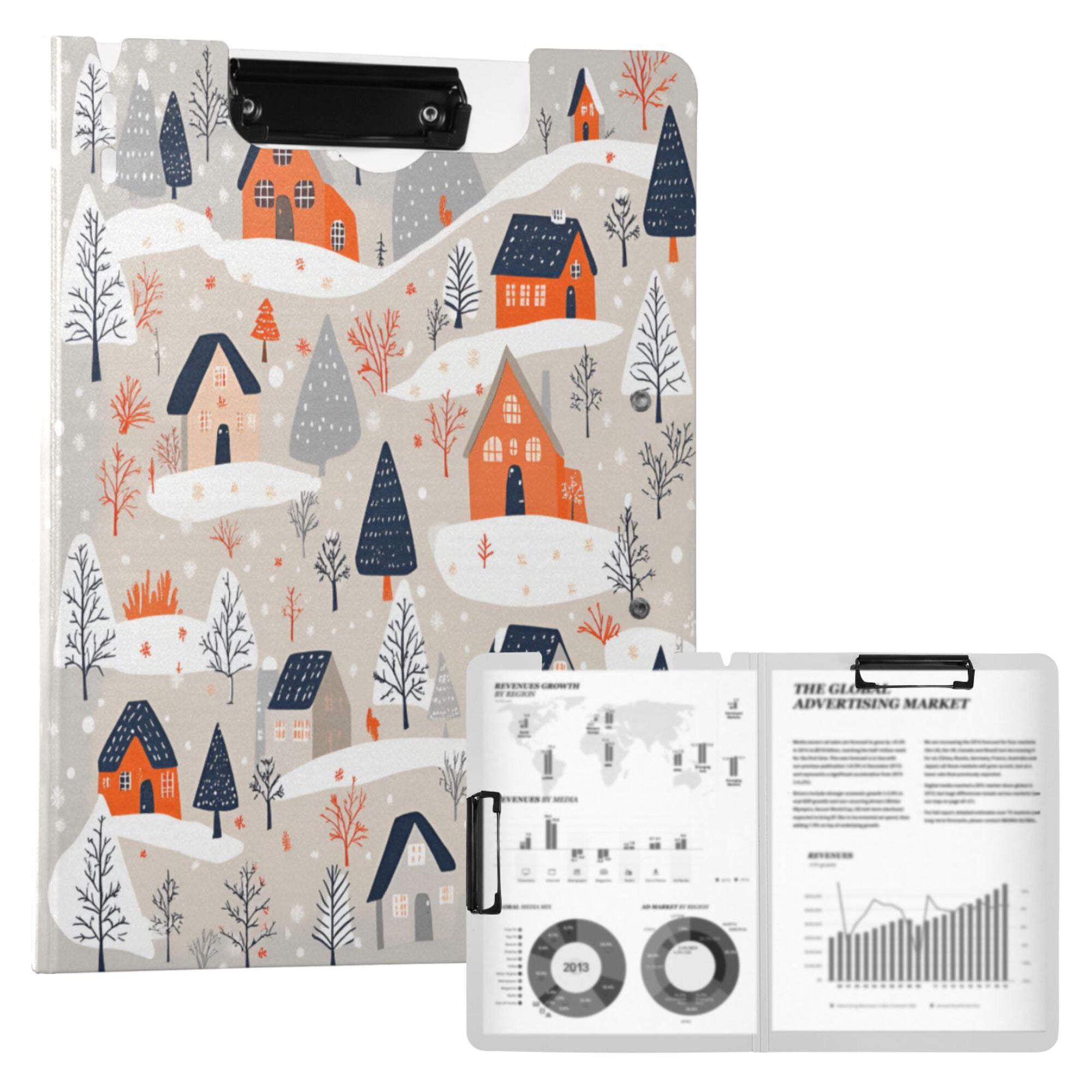 FORMRS A4 Clipboard Folder with Pen Holder Horizontal Foldable School Office Binder, Cartoon Gray Houses
