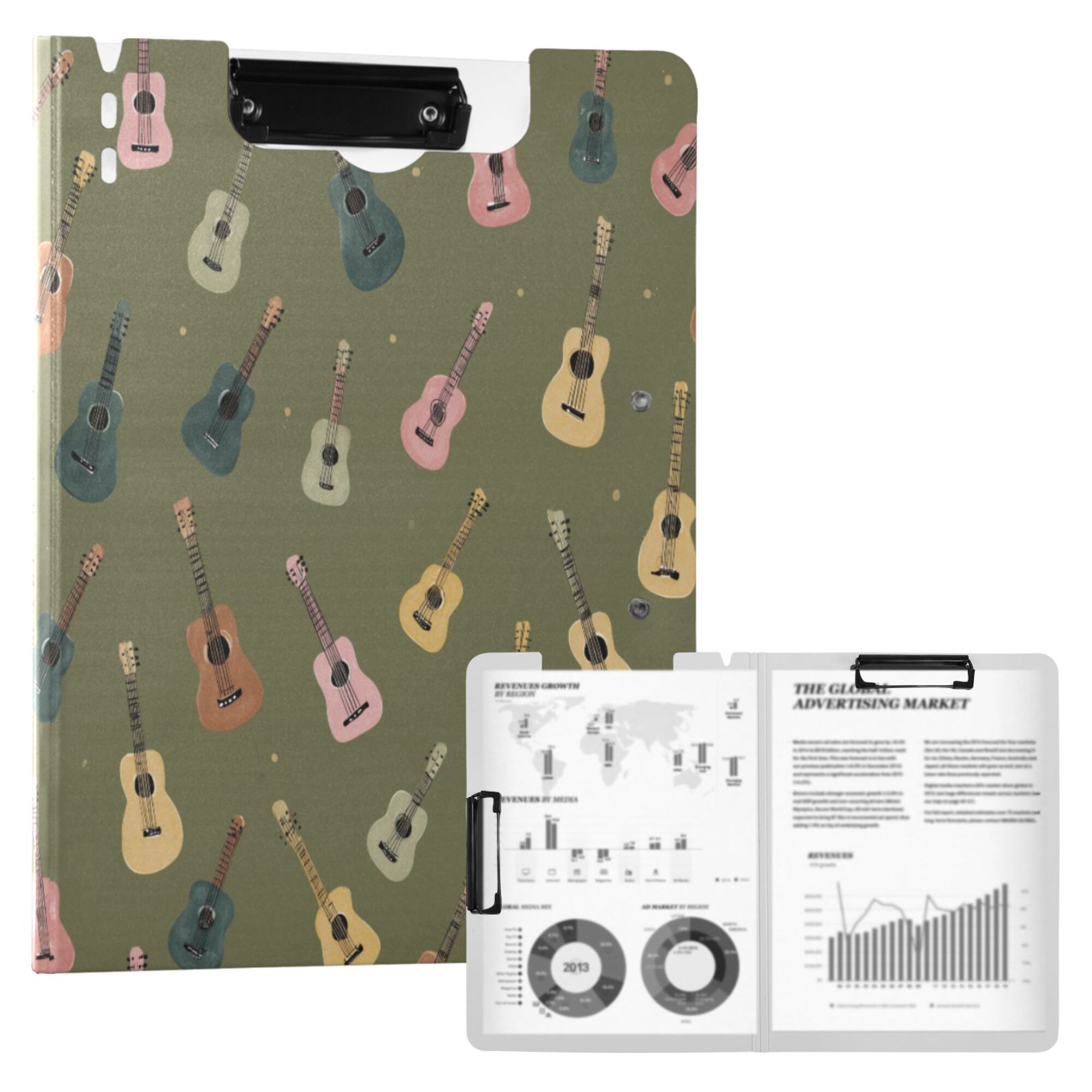 FORMRS A4 Clipboard Folder with Pen Holder Horizontal Foldable School Office Binder, Cartoon Guitar Pattern