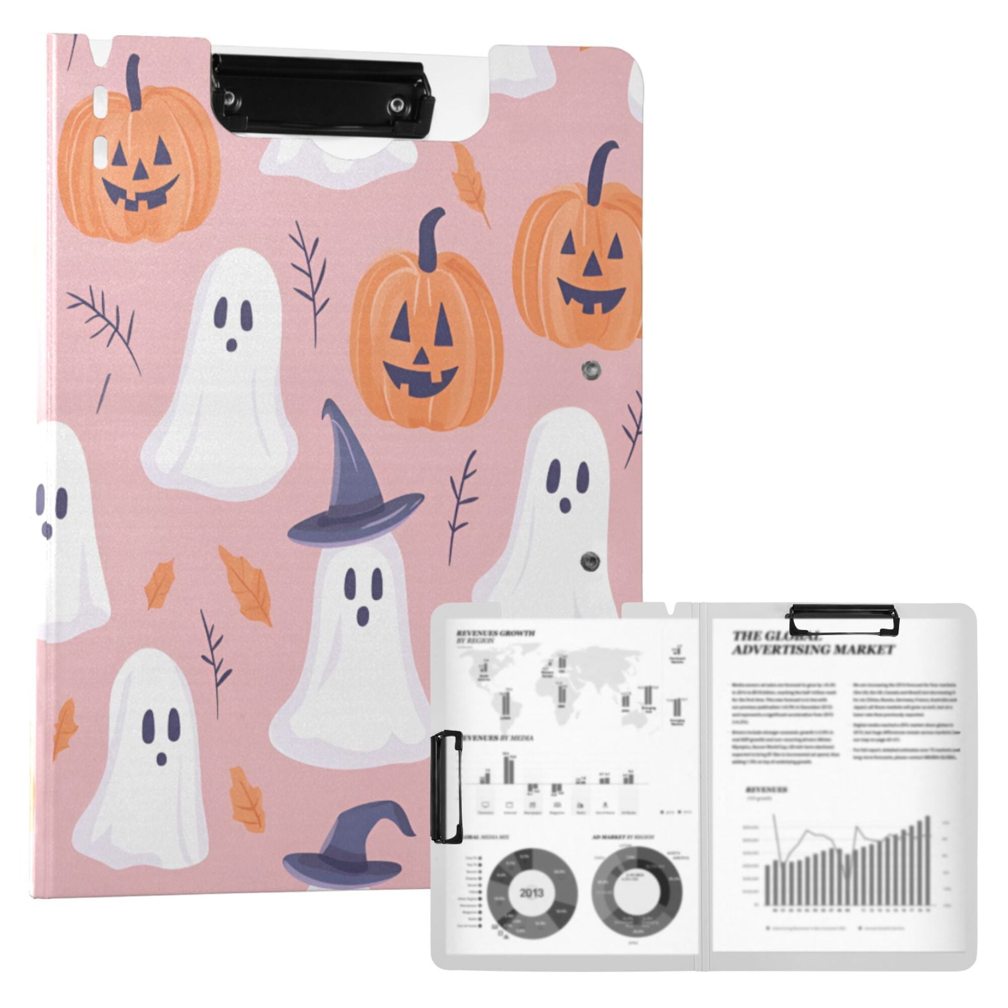 FORMRS A4 Clipboard Folder with Pen Holder Horizontal Foldable School Office Binder, Cartoon Halloween Ghosts
