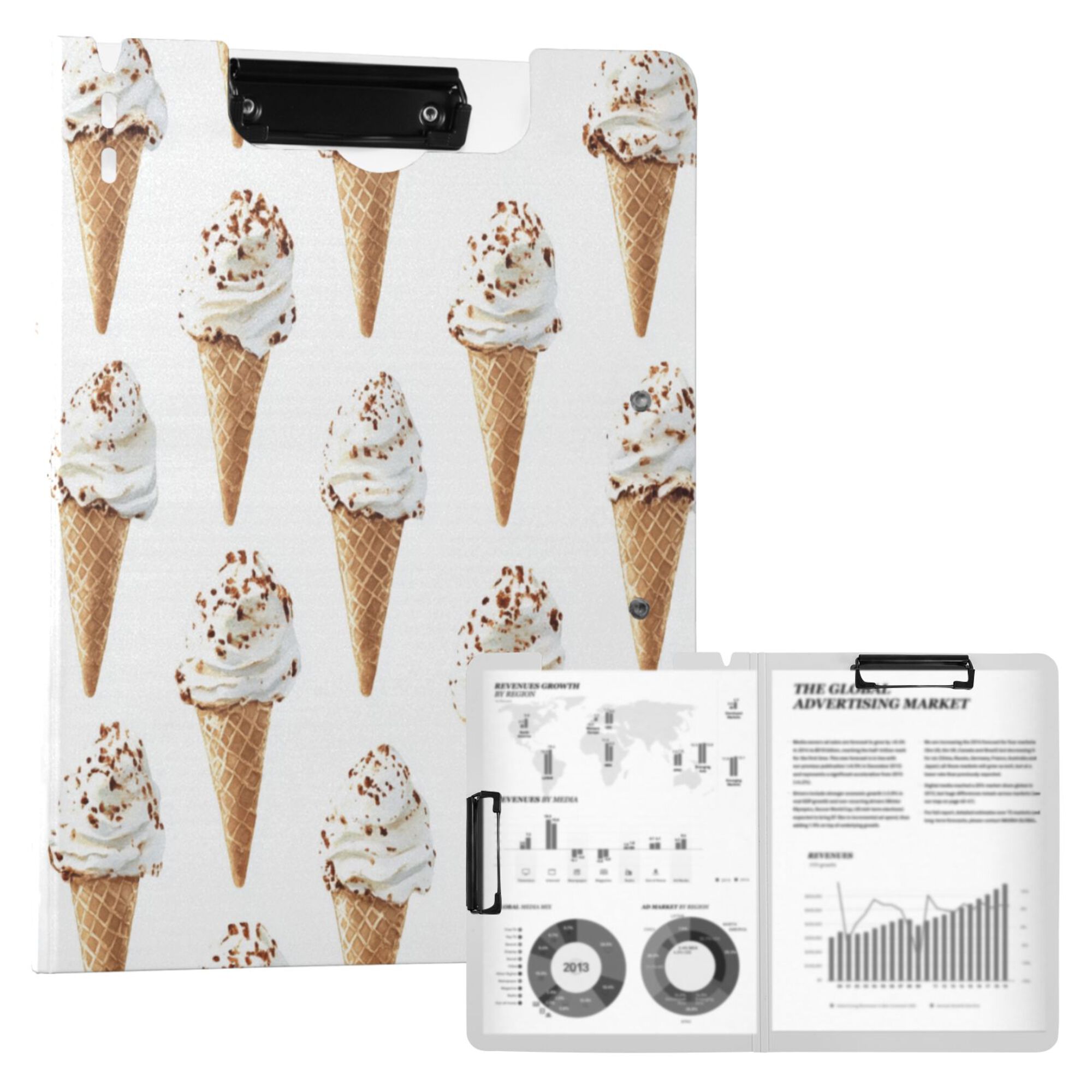 FORMRS A4 Clipboard Folder with Pen Holder Horizontal Foldable School Office Binder, Cartoon Ice Cream Pattern