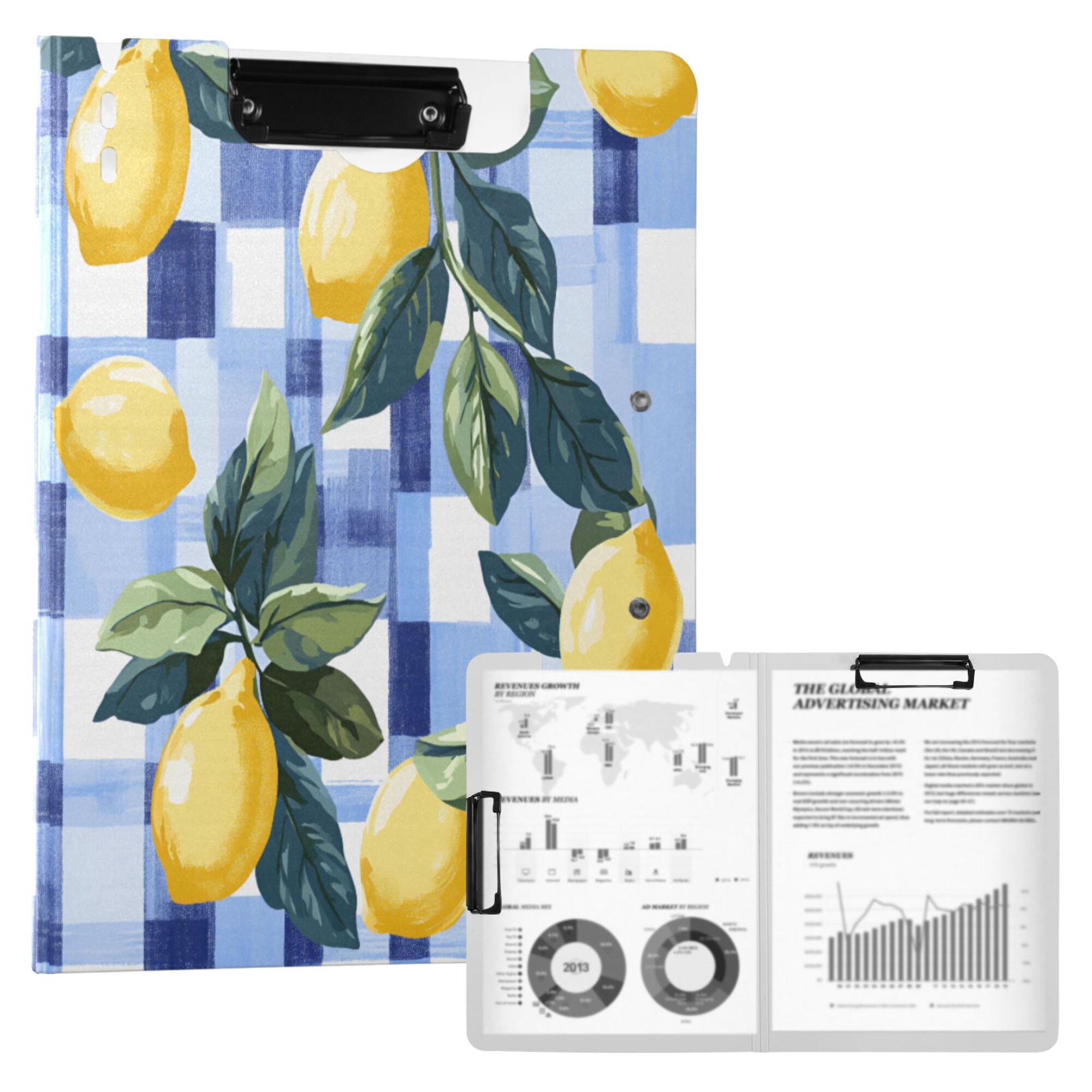 FORMRS A4 Clipboard Folder with Pen Holder Horizontal Foldable School Office Binder, Cartoon Lemon Leaves
