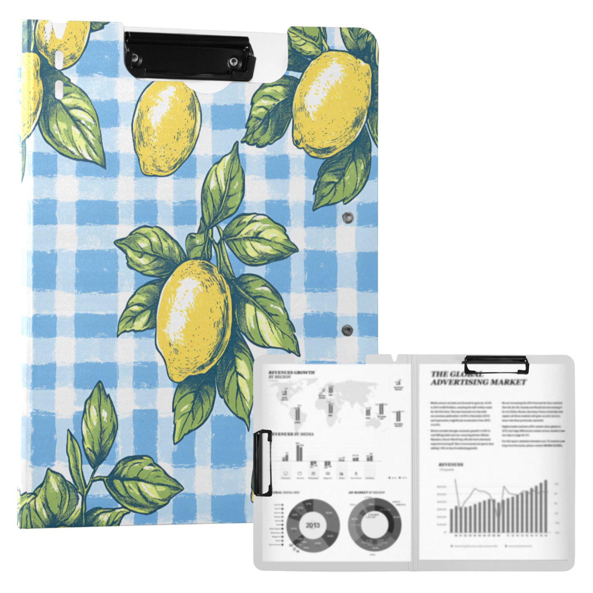 FORMRS A4 Clipboard Folder with Pen Holder Horizontal Foldable School Office Binder, Cartoon Plaid Lemon