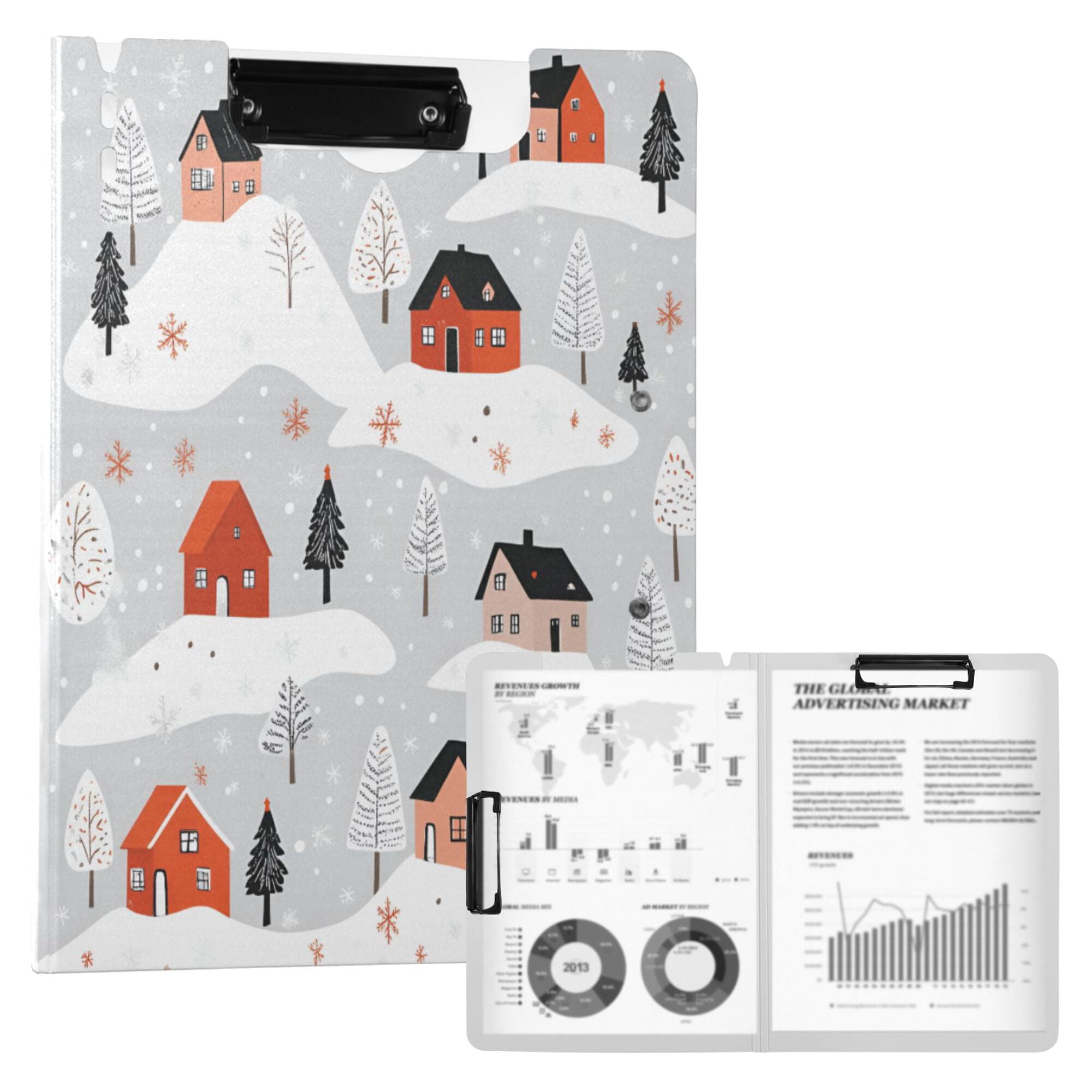 FORMRS A4 Clipboard Folder with Pen Holder Horizontal Foldable School Office Binder, Cartoon Red Houses