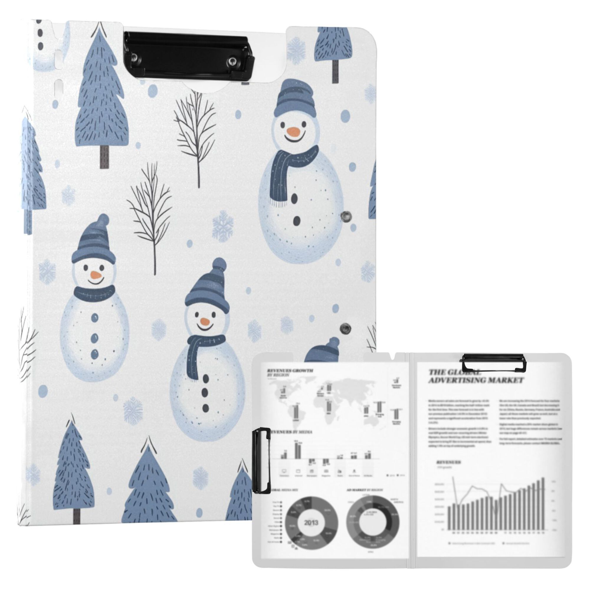 FORMRS A4 Clipboard Folder with Pen Holder Horizontal Foldable School Office Binder, Cartoon Snowmen