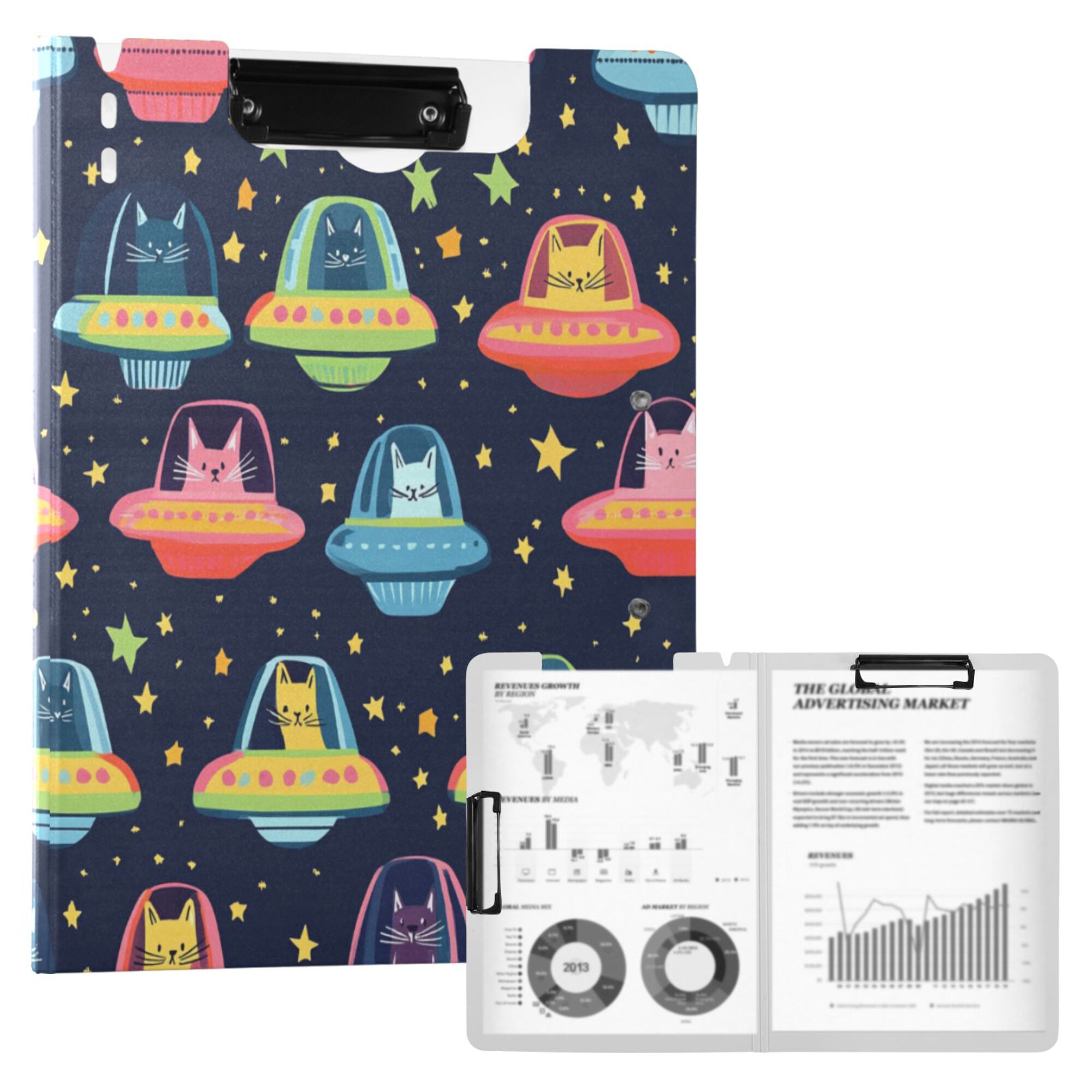 FORMRS A4 Clipboard Folder with Pen Holder Horizontal Foldable School Office Binder, Cartoon Space Cat