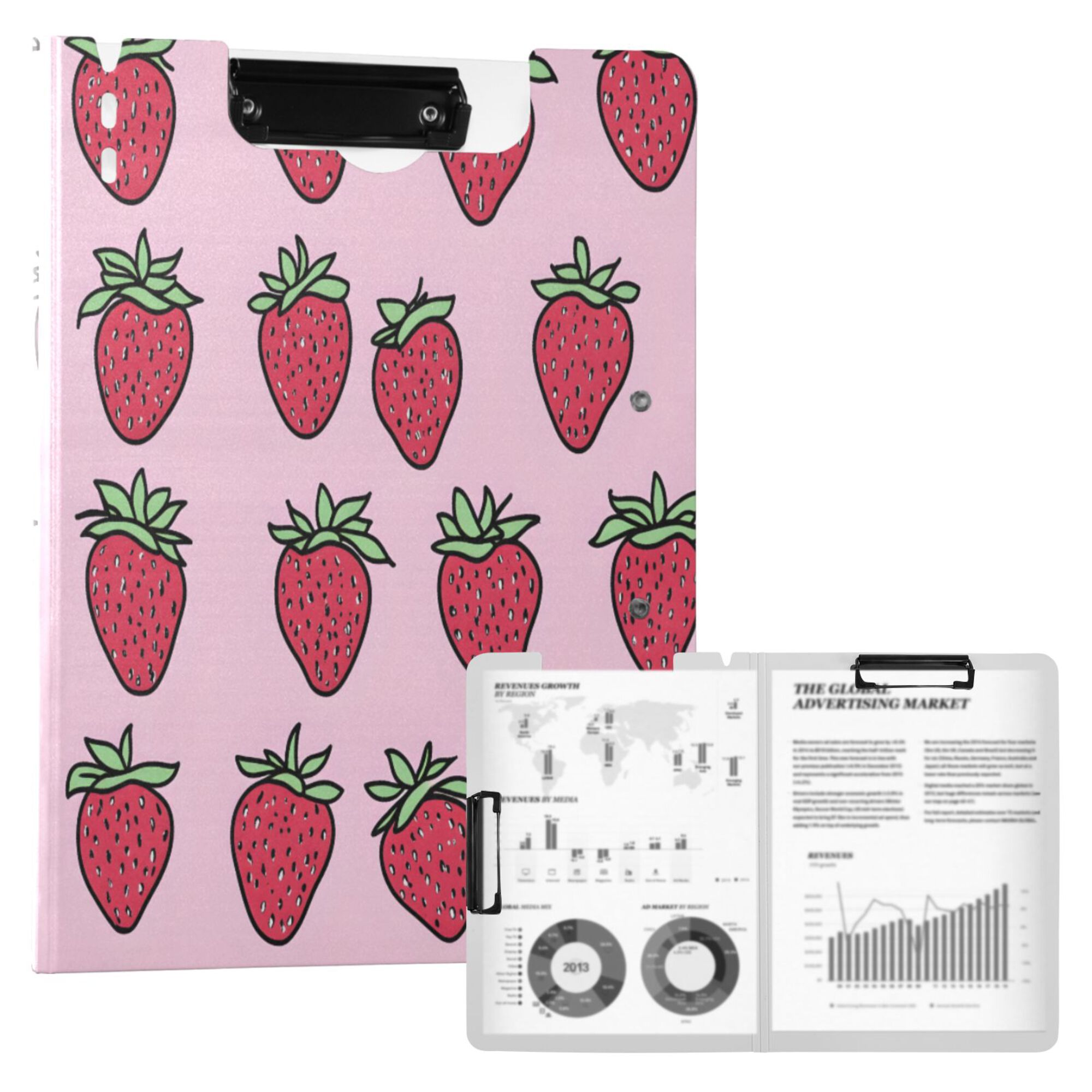 FORMRS A4 Clipboard Folder with Pen Holder Horizontal Foldable School Office Binder, Cartoon Strawberry
