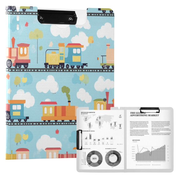 FORMRS A4 Clipboard Folder with Pen Holder Horizontal Foldable School Office Binder, Cartoon Train Pattern