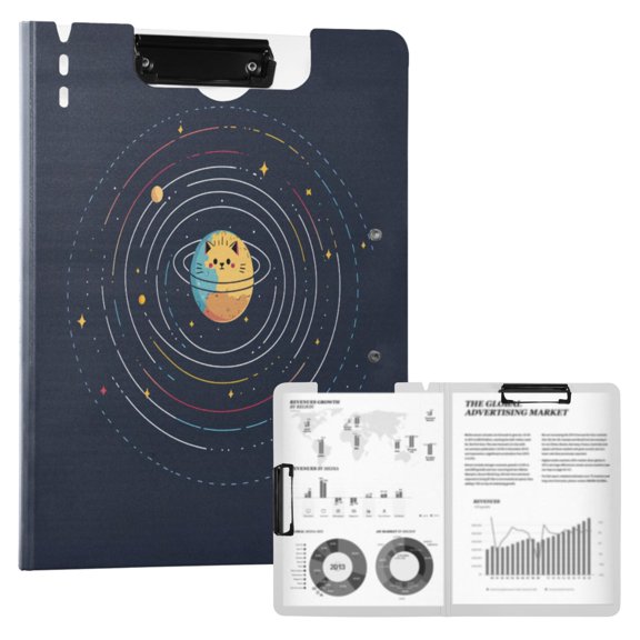 FORMRS A4 Clipboard Folder with Pen Holder Horizontal Foldable School Office Binder, Cat Planet