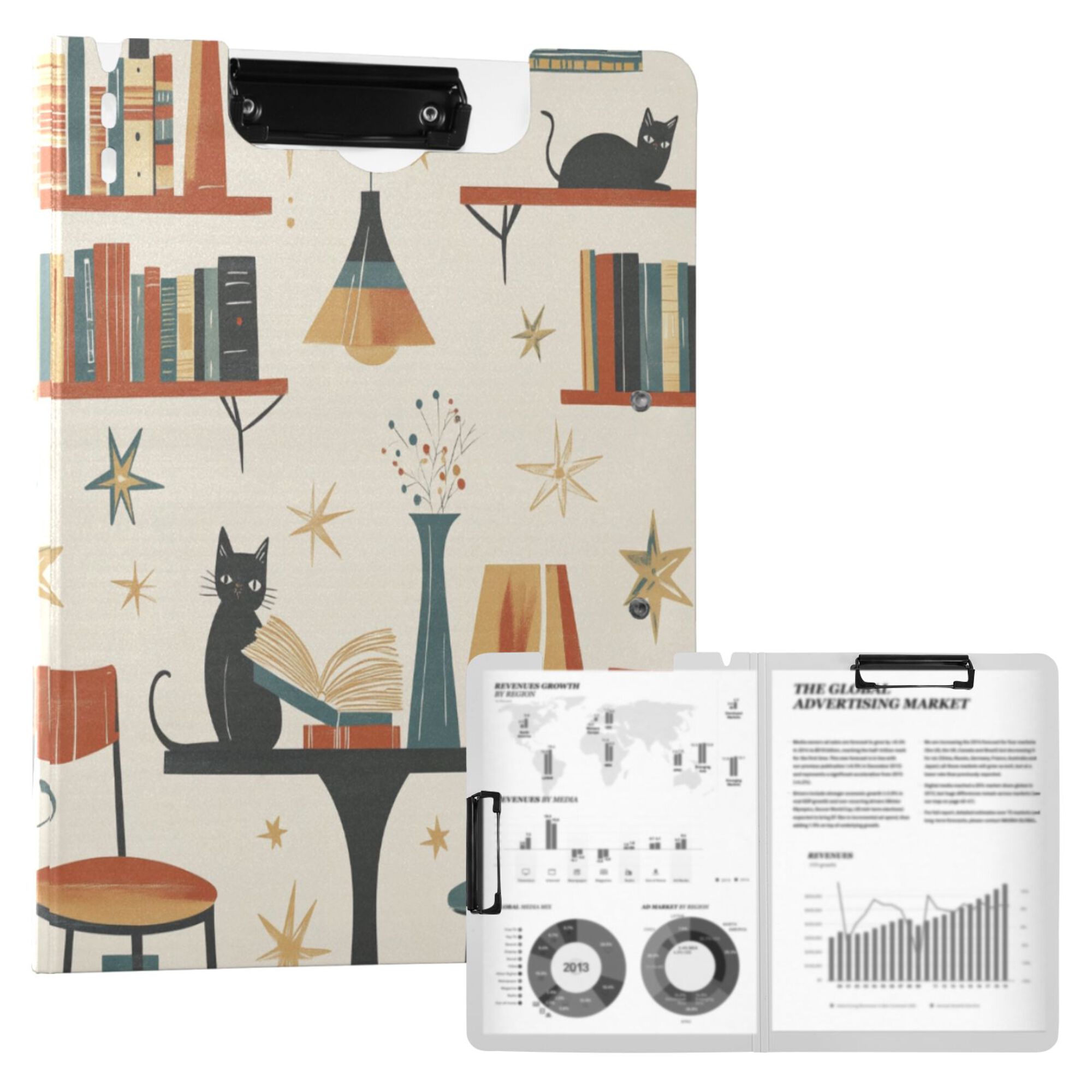 FORMRS A4 Clipboard Folder with Pen Holder Horizontal Foldable School Office Binder, Cats Reading Pattern