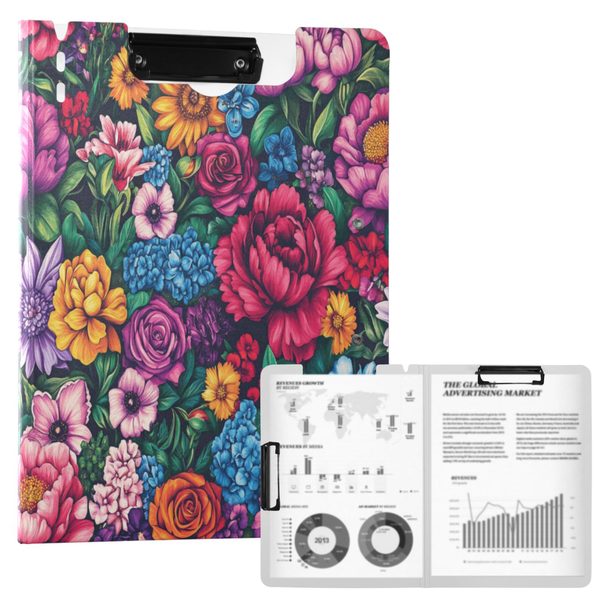 FORMRS A4 Clipboard Folder with Pen Holder Horizontal Foldable School Office Binder, Charming Floral Pattern