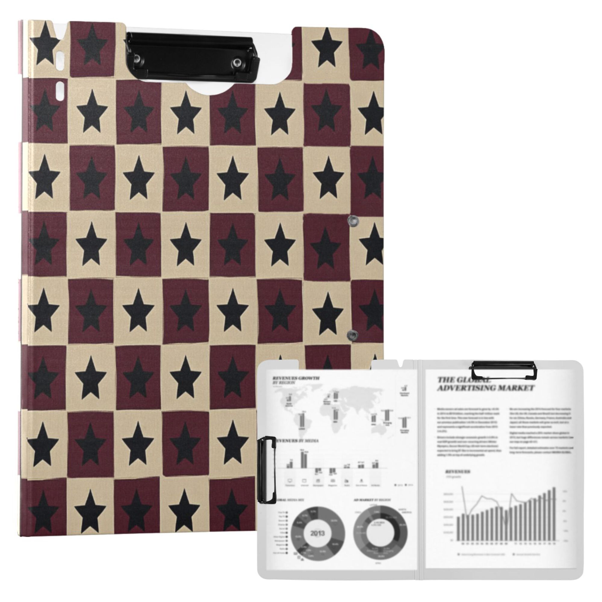 FORMRS A4 Clipboard Folder with Pen Holder Horizontal Foldable School Office Binder, Checkered Stars Pattern