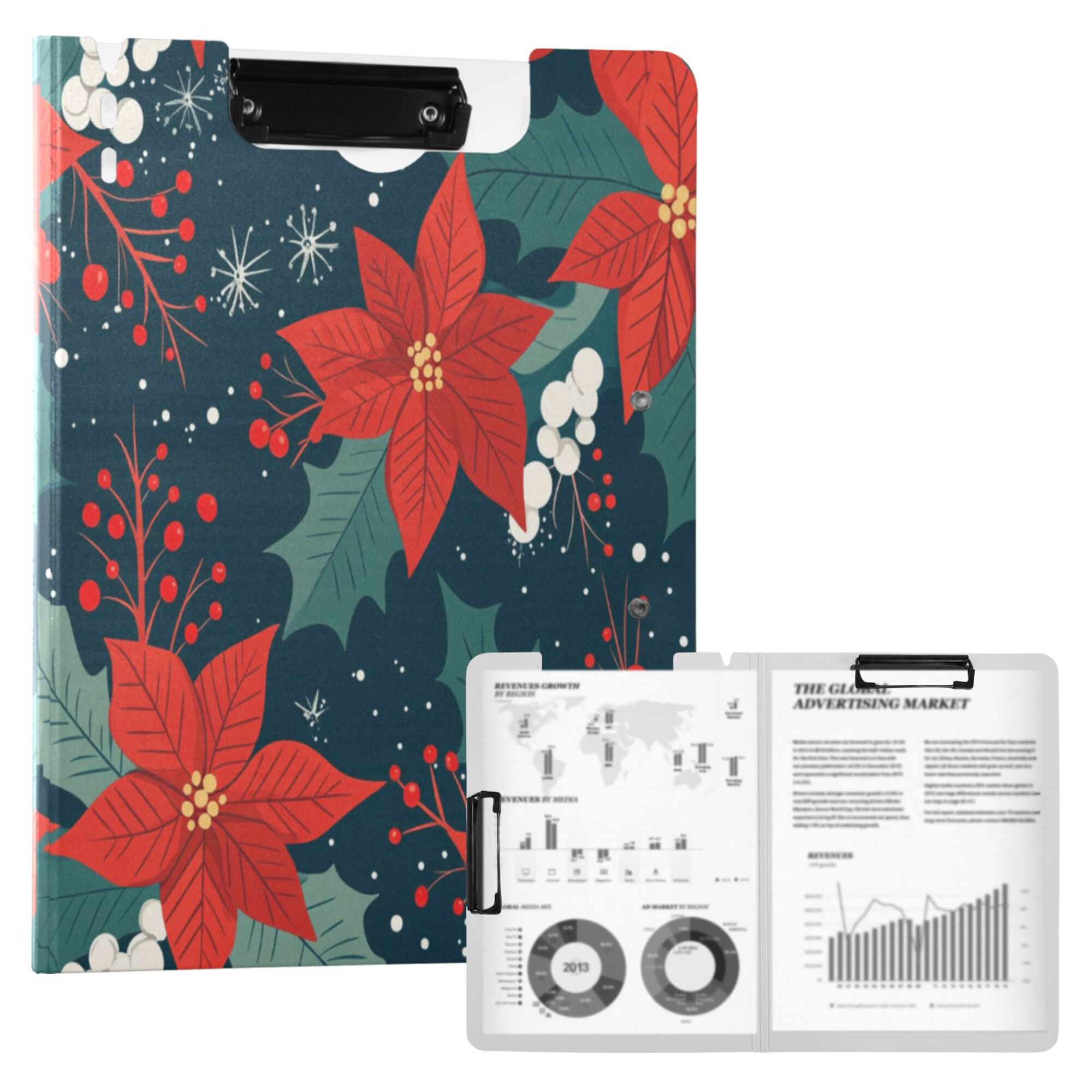 FORMRS A4 Clipboard Folder with Pen Holder Horizontal Foldable School Office Binder, Christmas Berries
