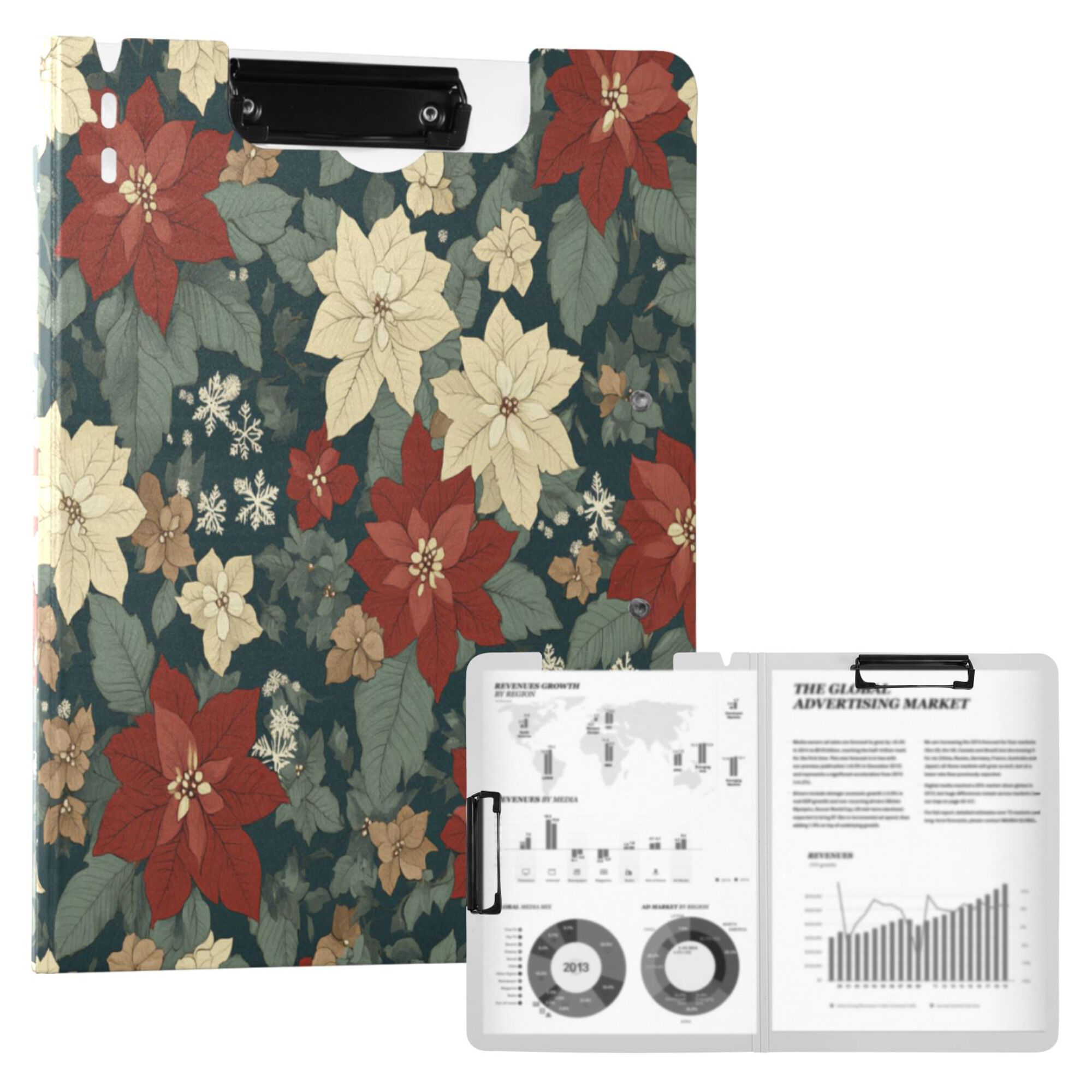 FORMRS A4 Clipboard Folder with Pen Holder Horizontal Foldable School Office Binder, Christmas Blooms