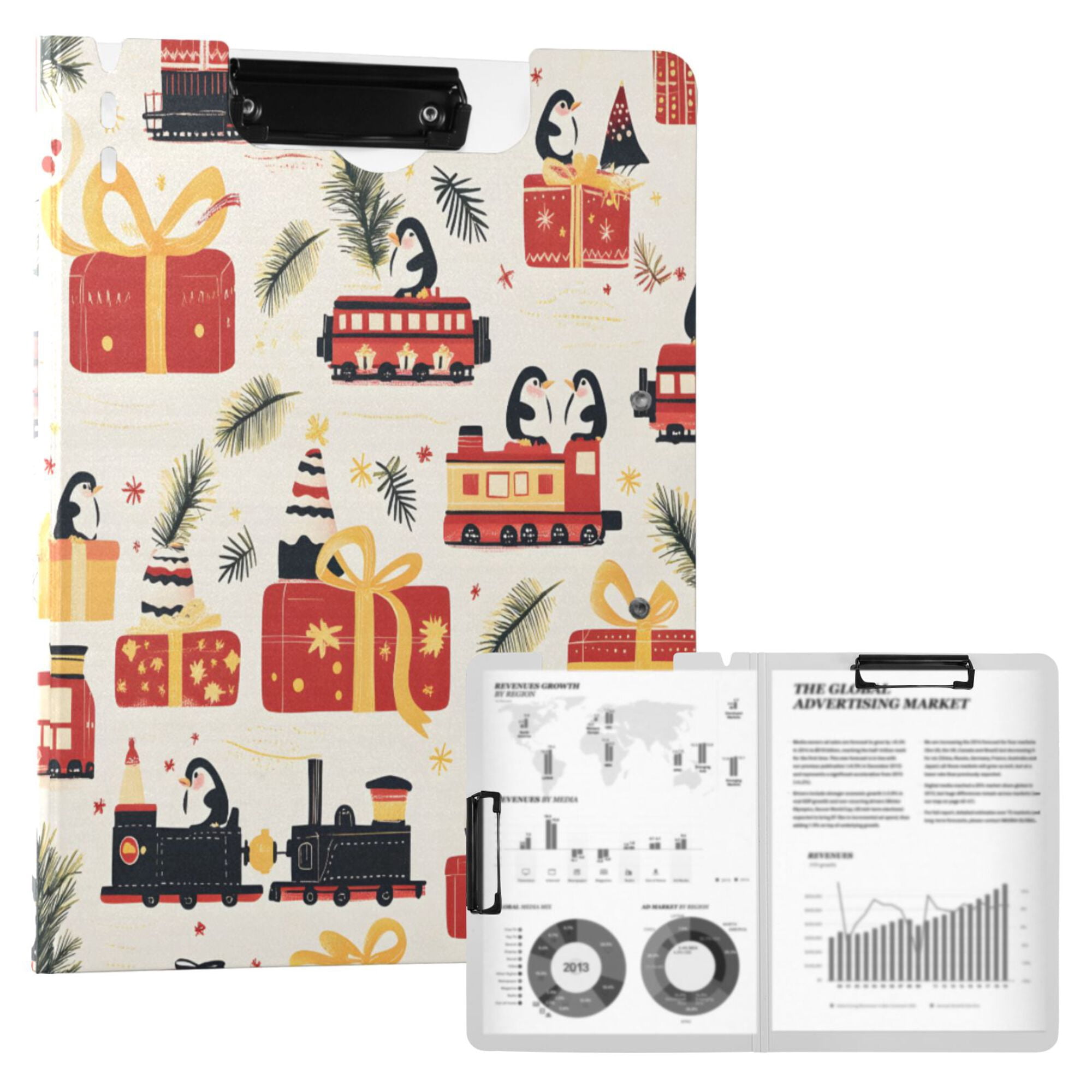 FORMRS A4 Clipboard Folder with Pen Holder Horizontal Foldable School Office Binder, Christmas Gift Train
