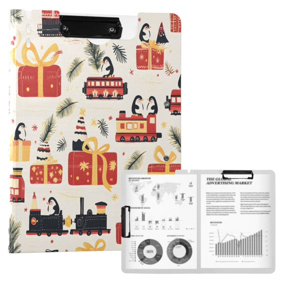 FORMRS A4 Clipboard Folder with Pen Holder Horizontal Foldable School Office Binder, Christmas Gift Train