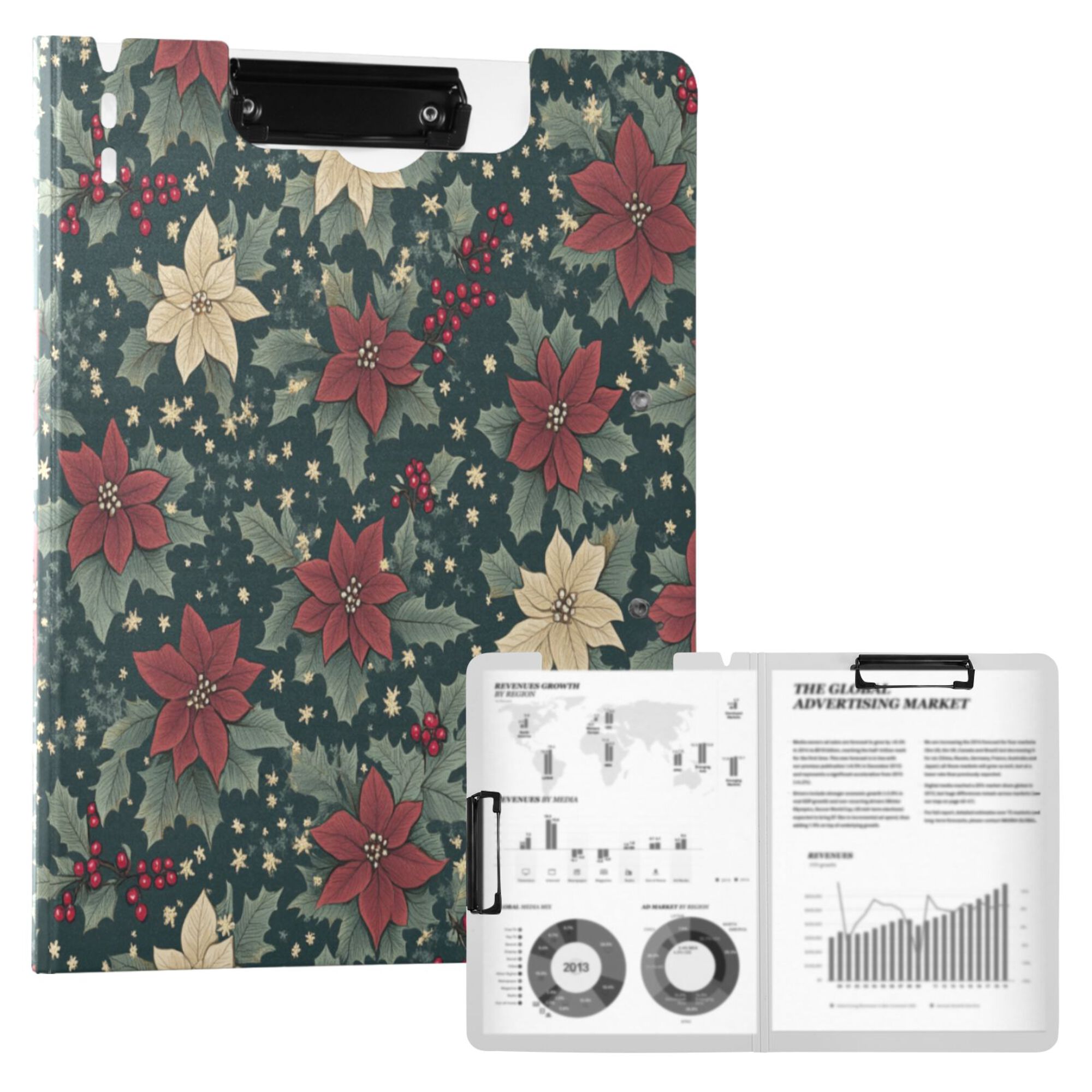 FORMRS A4 Clipboard Folder with Pen Holder Horizontal Foldable School Office Binder, Christmas Holly Leaves