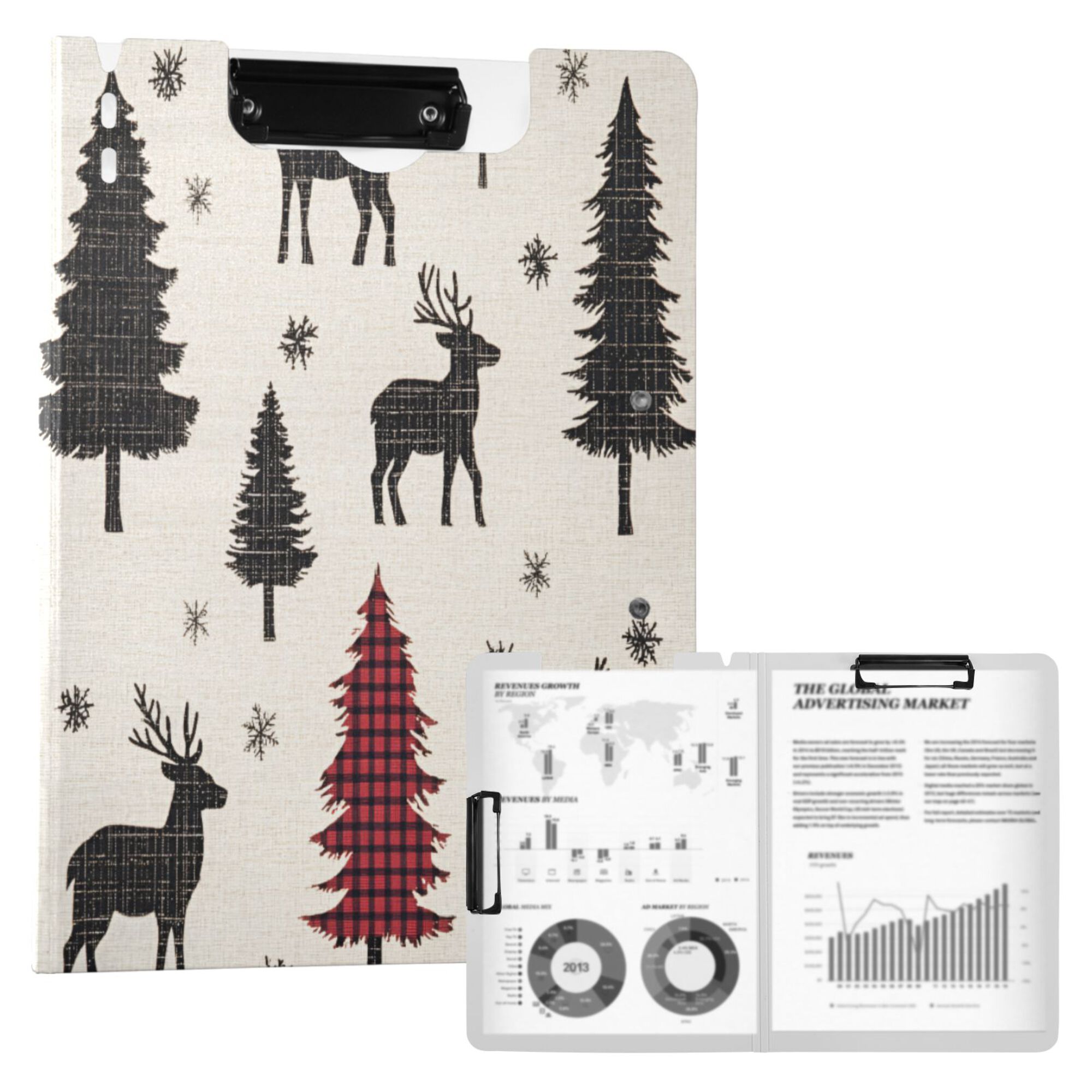 FORMRS A4 Clipboard Folder with Pen Holder Horizontal Foldable School Office Binder, Christmas Plaid Forest