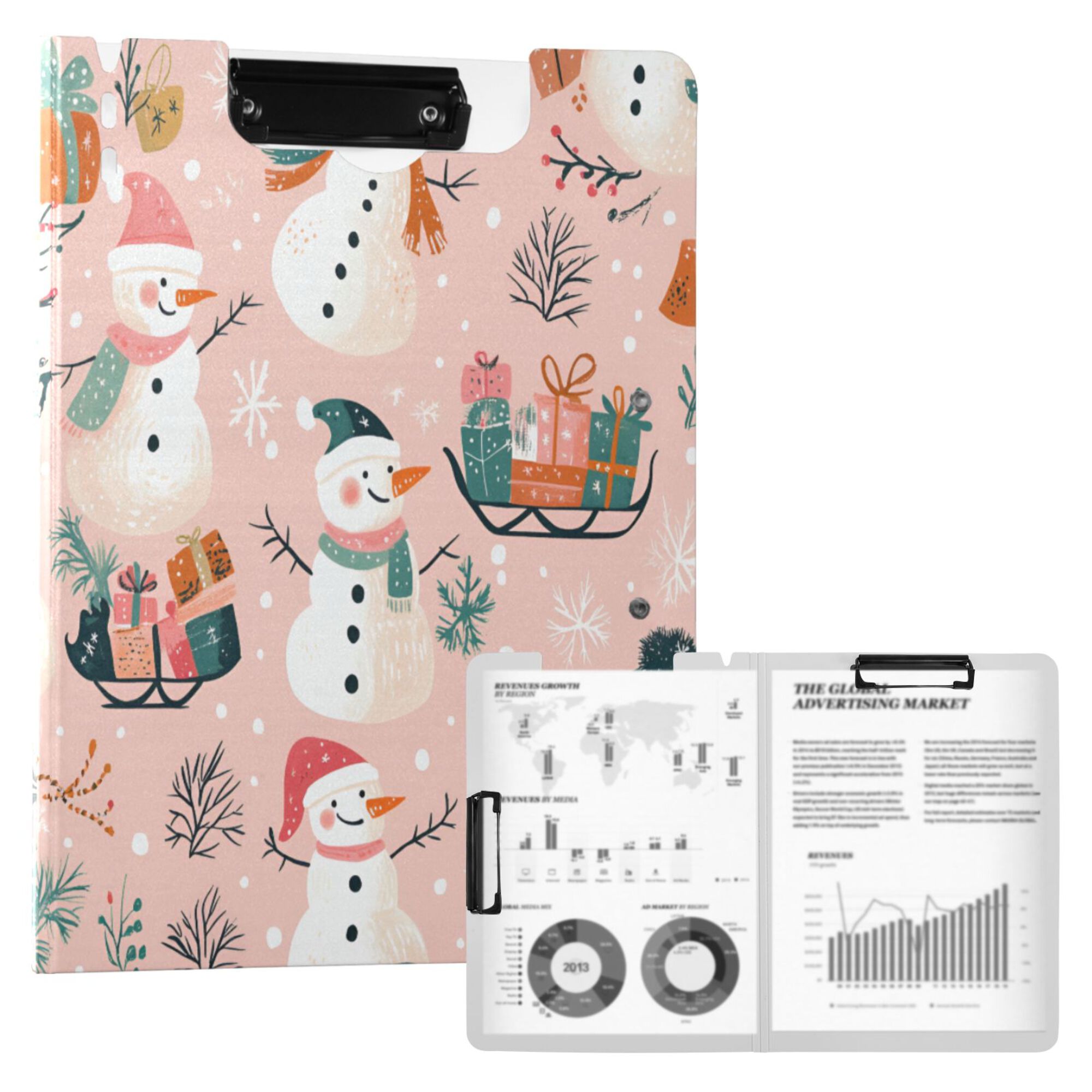 FORMRS A4 Clipboard Folder with Pen Holder Horizontal Foldable School Office Binder, Christmas Snowman