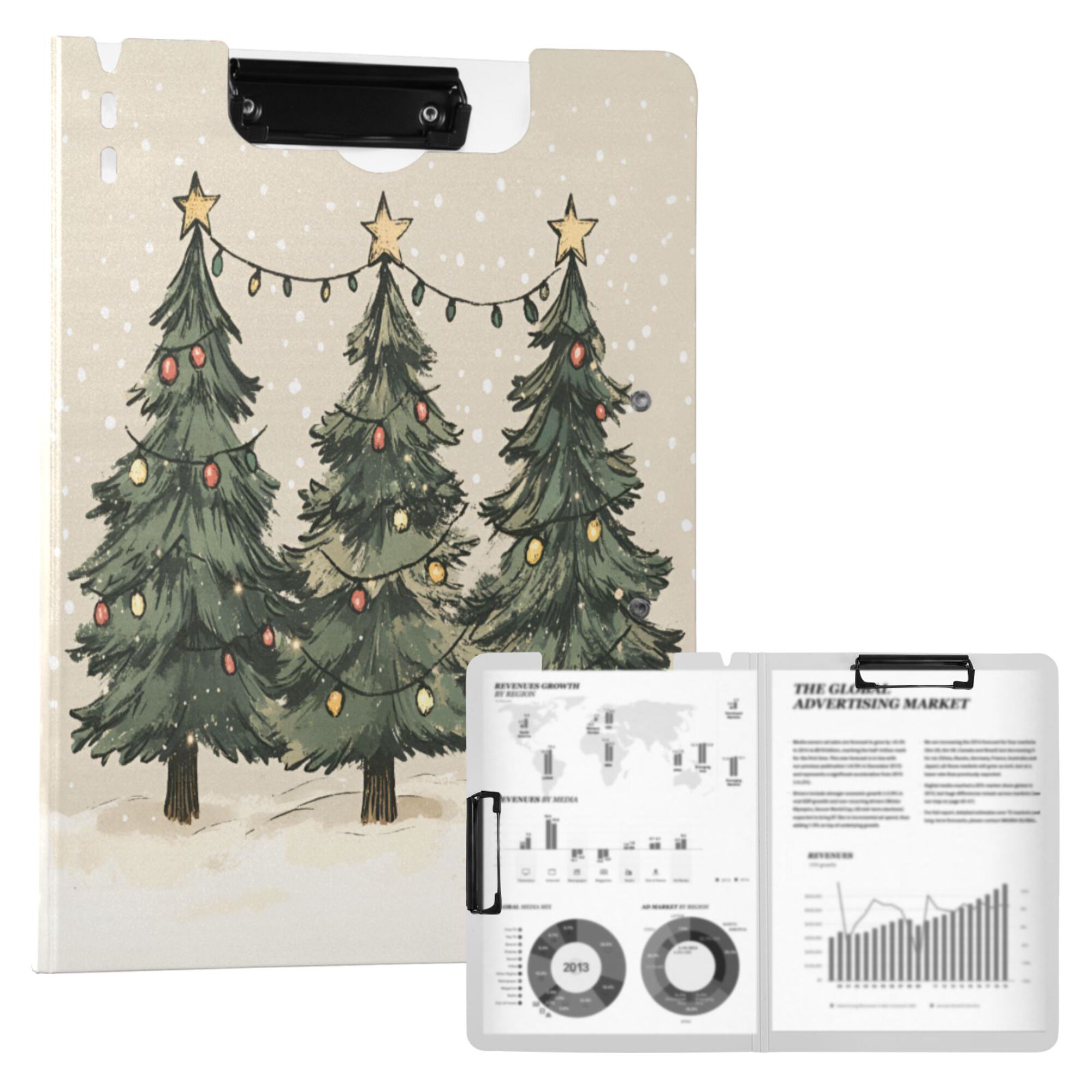 FORMRS A4 Clipboard Folder with Pen Holder Horizontal Foldable School Office Binder, Christmas Stars