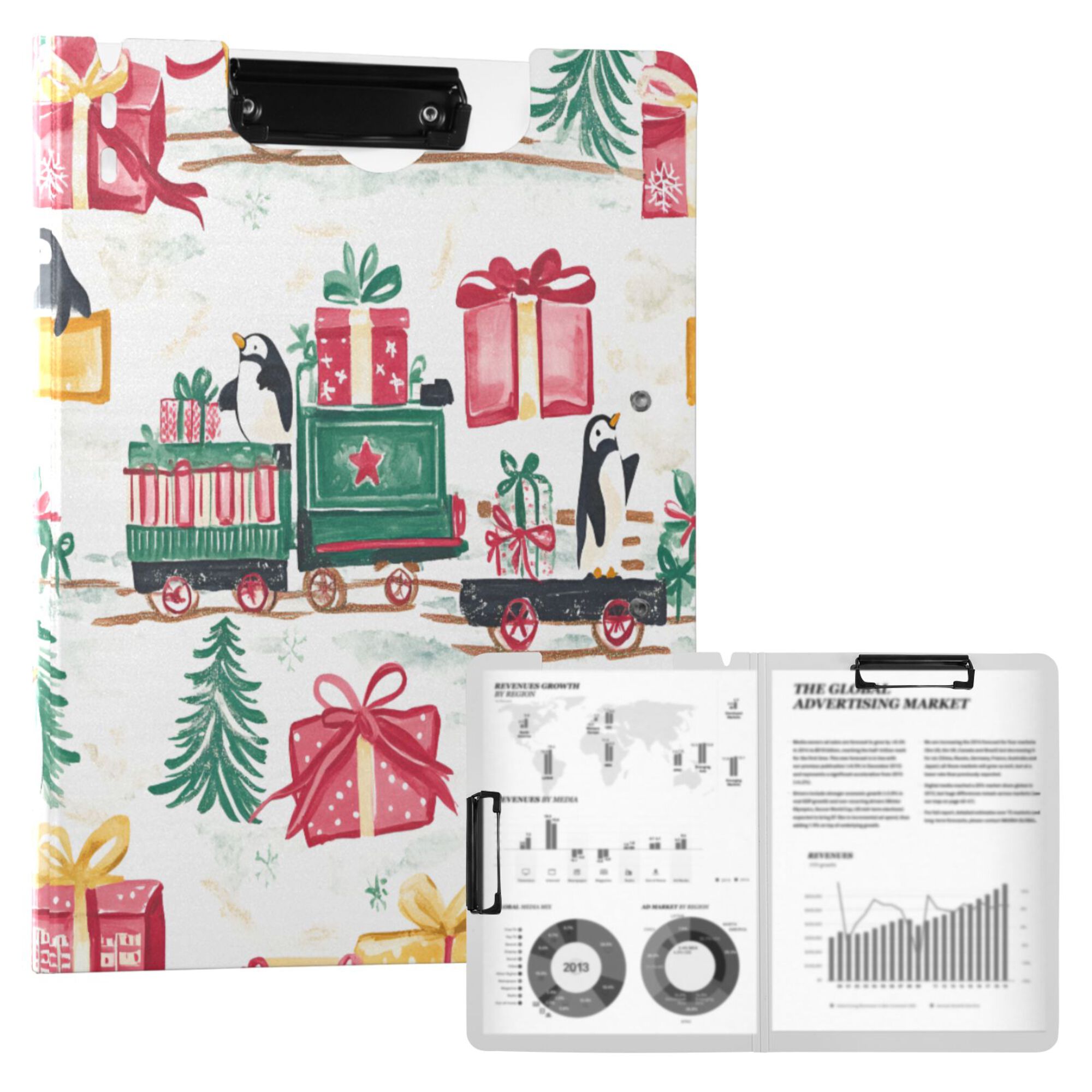 FORMRS A4 Clipboard Folder with Pen Holder Horizontal Foldable School Office Binder, Christmas Train