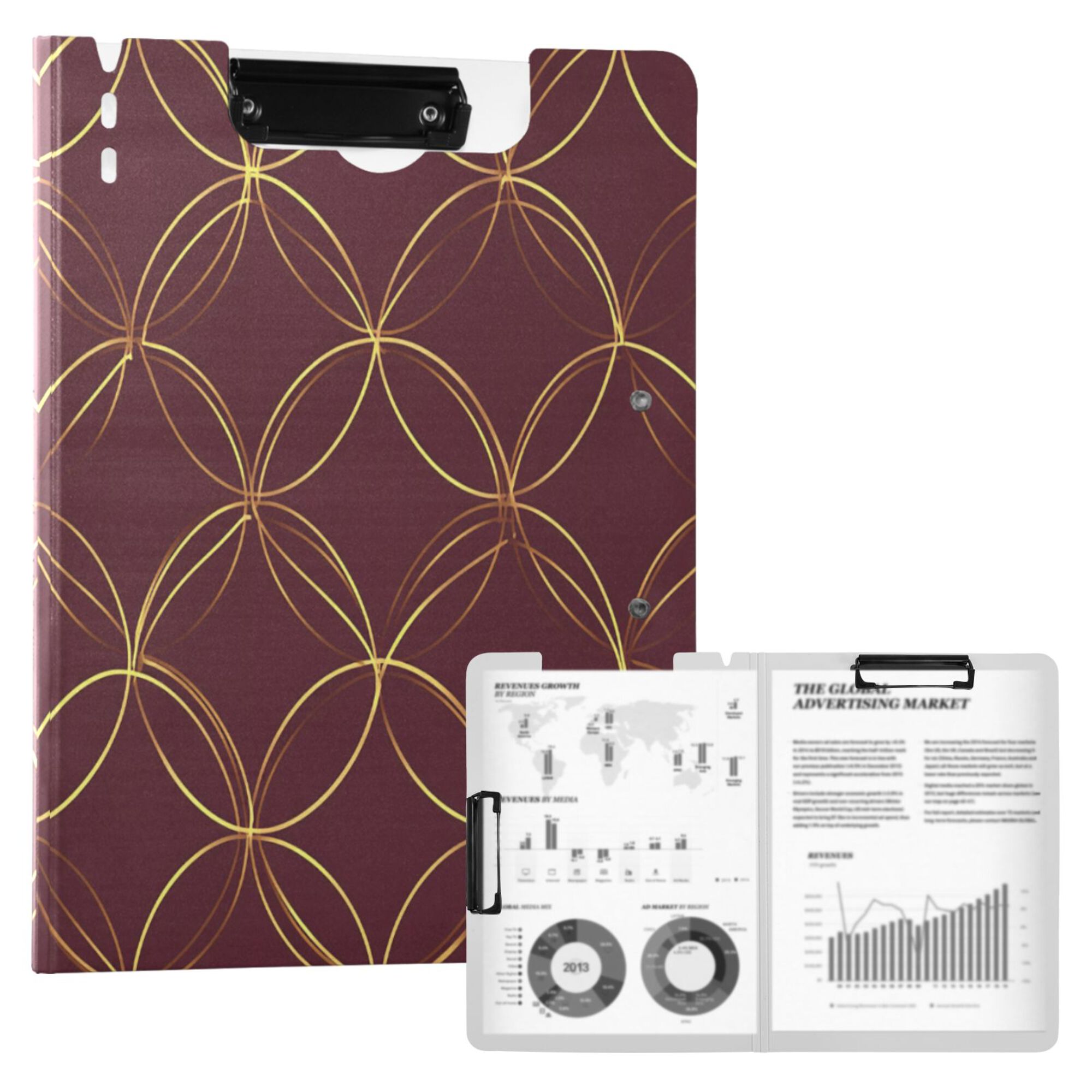 FORMRS A4 Clipboard Folder with Pen Holder Horizontal Foldable School Office Binder, Circular Gold Pattern