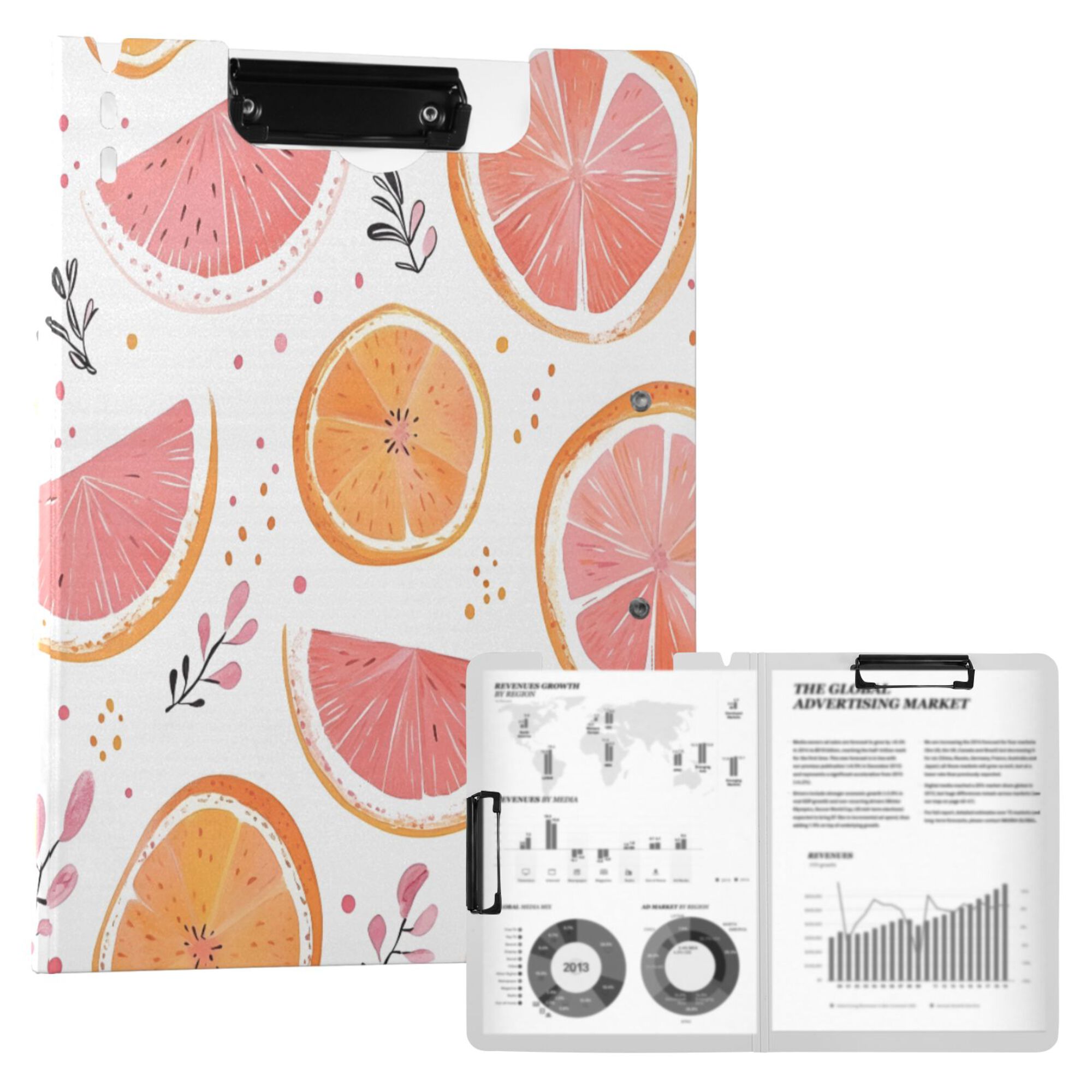 FORMRS A4 Clipboard Folder with Pen Holder Horizontal Foldable School Office Binder, Citrus Slice