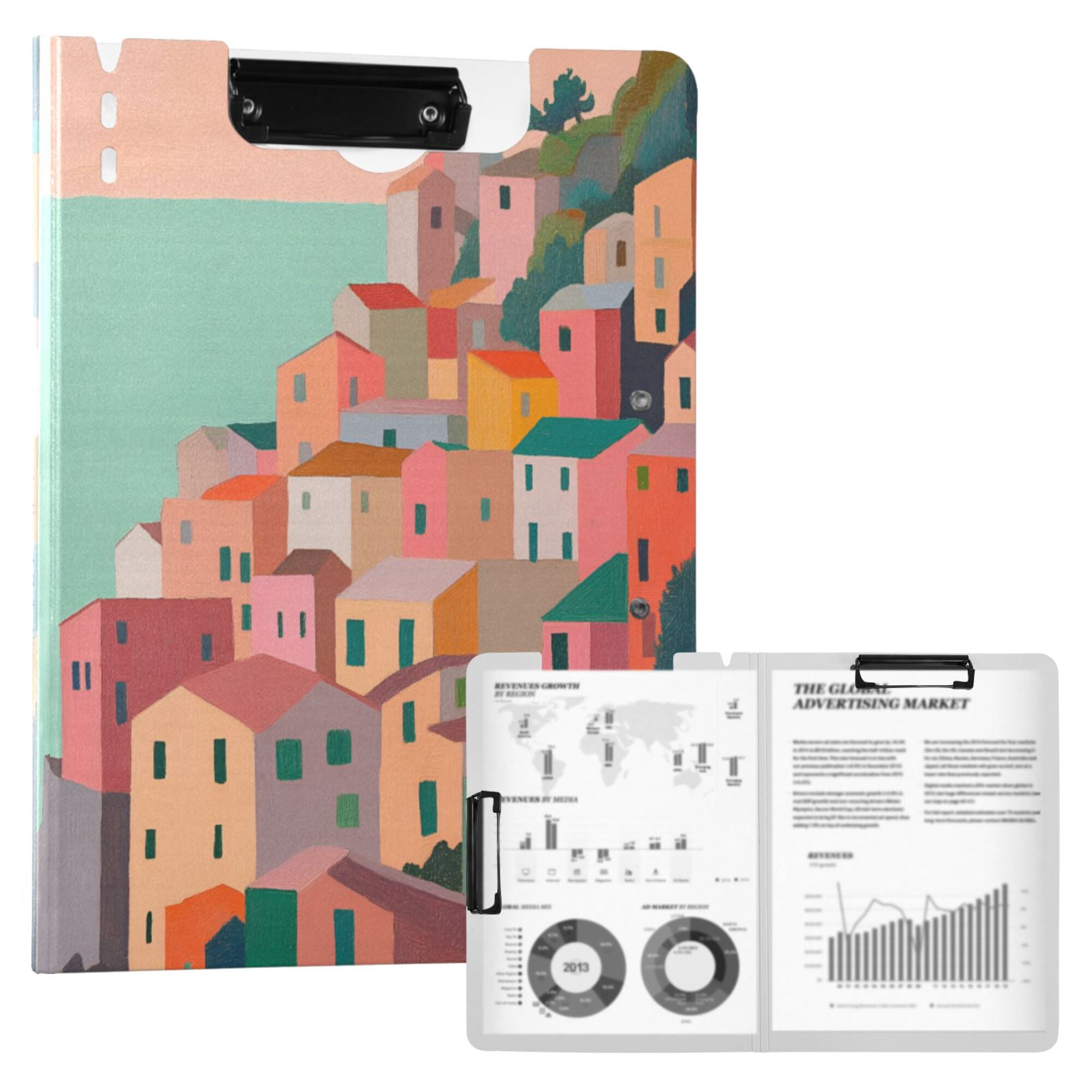 FORMRS A4 Clipboard Folder with Pen Holder Horizontal Foldable School Office Binder, Cityscape Painting