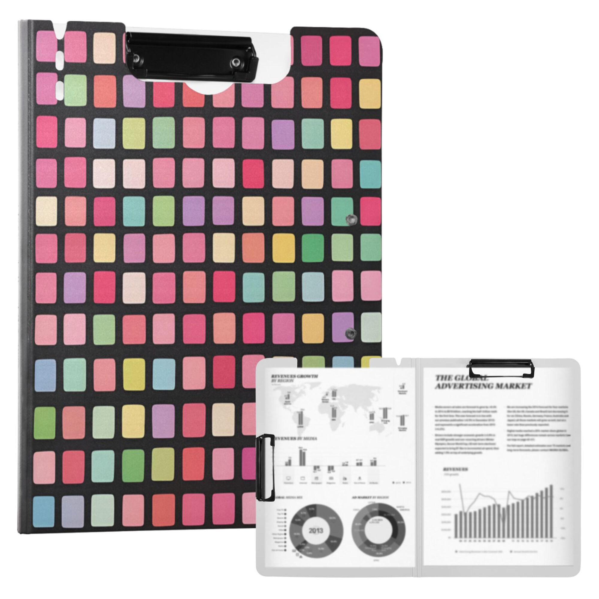 FORMRS A4 Clipboard Folder with Pen Holder Horizontal Foldable School Office Binder, Colorful Block Pattern
