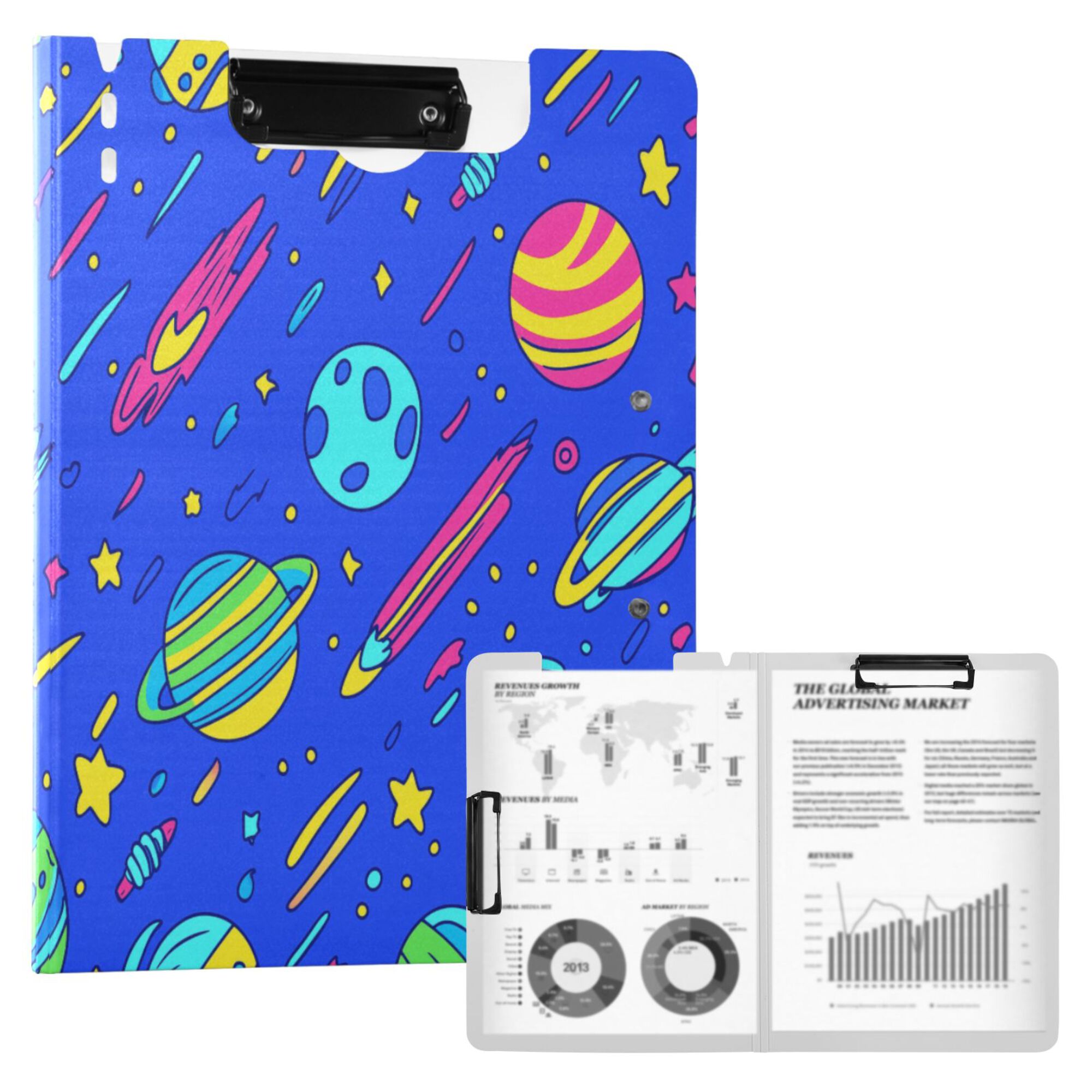 FORMRS A4 Clipboard Folder with Pen Holder Horizontal Foldable School Office Binder, Colorful Cartoon Planets