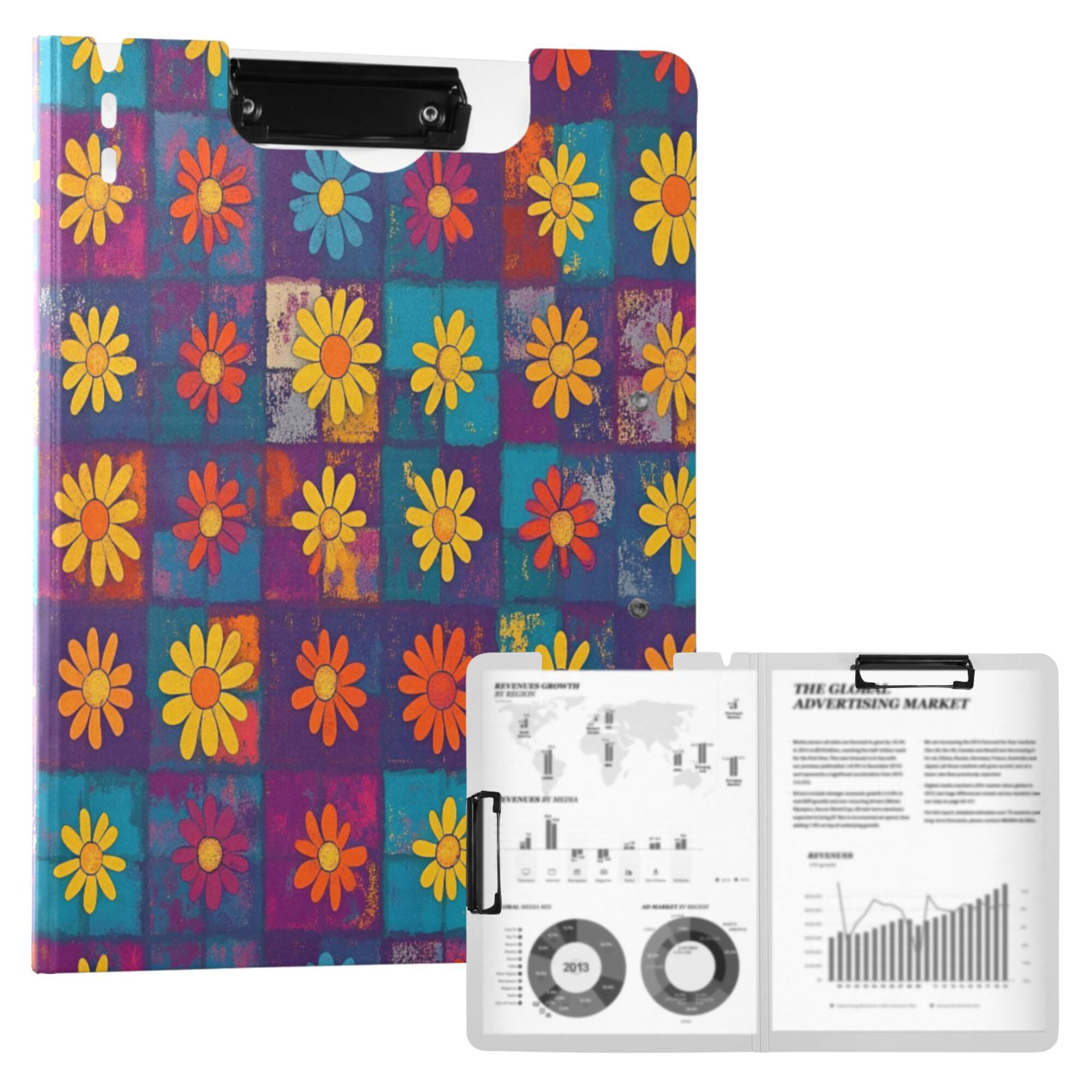 FORMRS A4 Clipboard Folder with Pen Holder Horizontal Foldable School Office Binder, Colorful Checkered Daisy